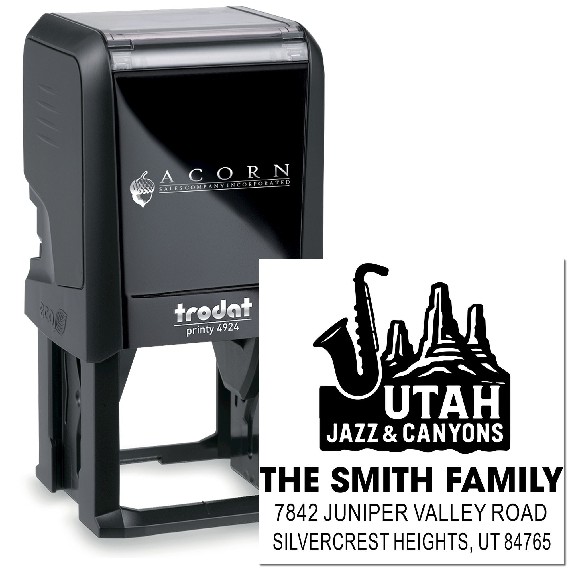 Trodat Printy 4924 self-inking custom rubber stamp for return addresses, featuring Utah Jazz & Canyons logo and family name.