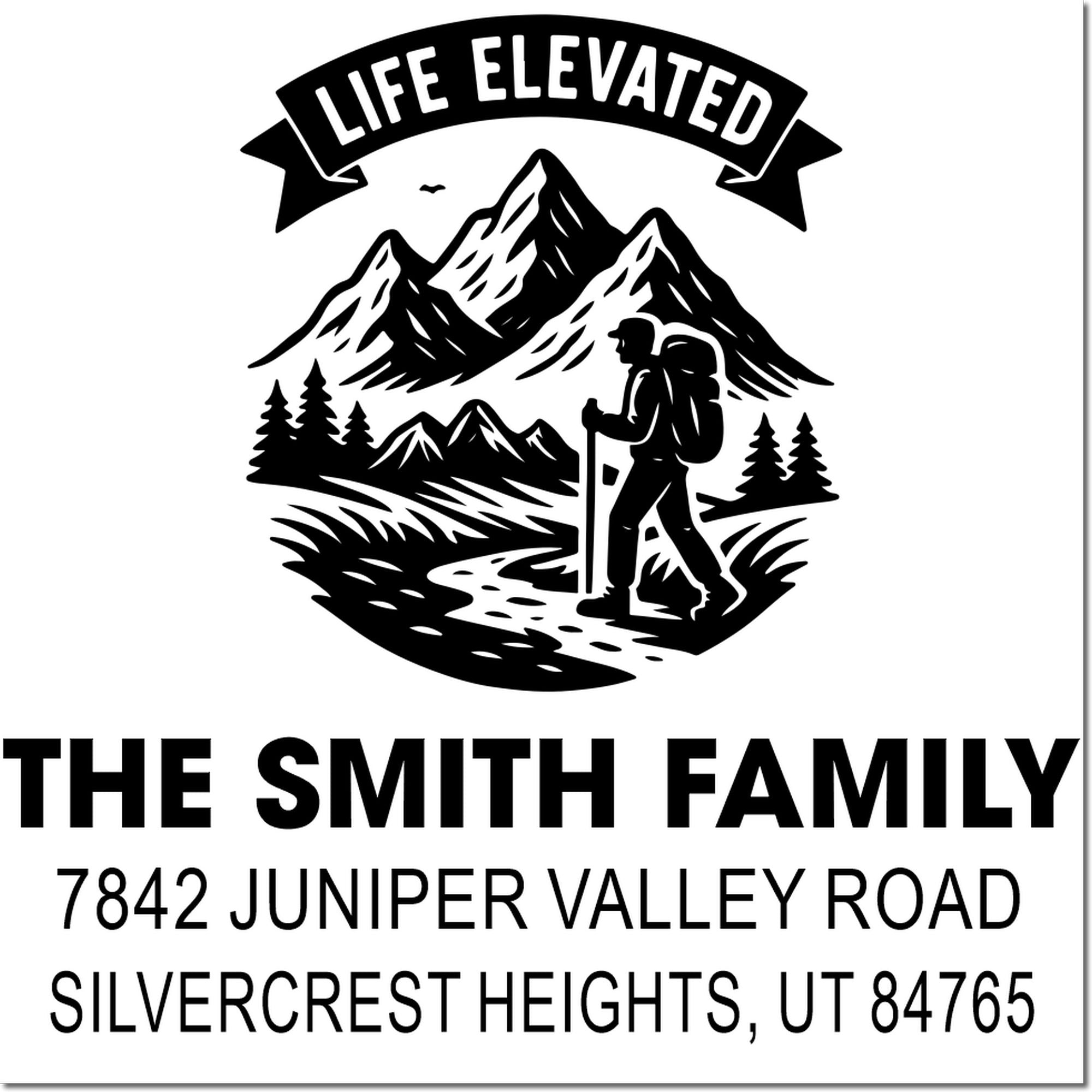 Custom family address rubber stamp with mountain hiker logo, Life Elevated banner, and Smith family address.