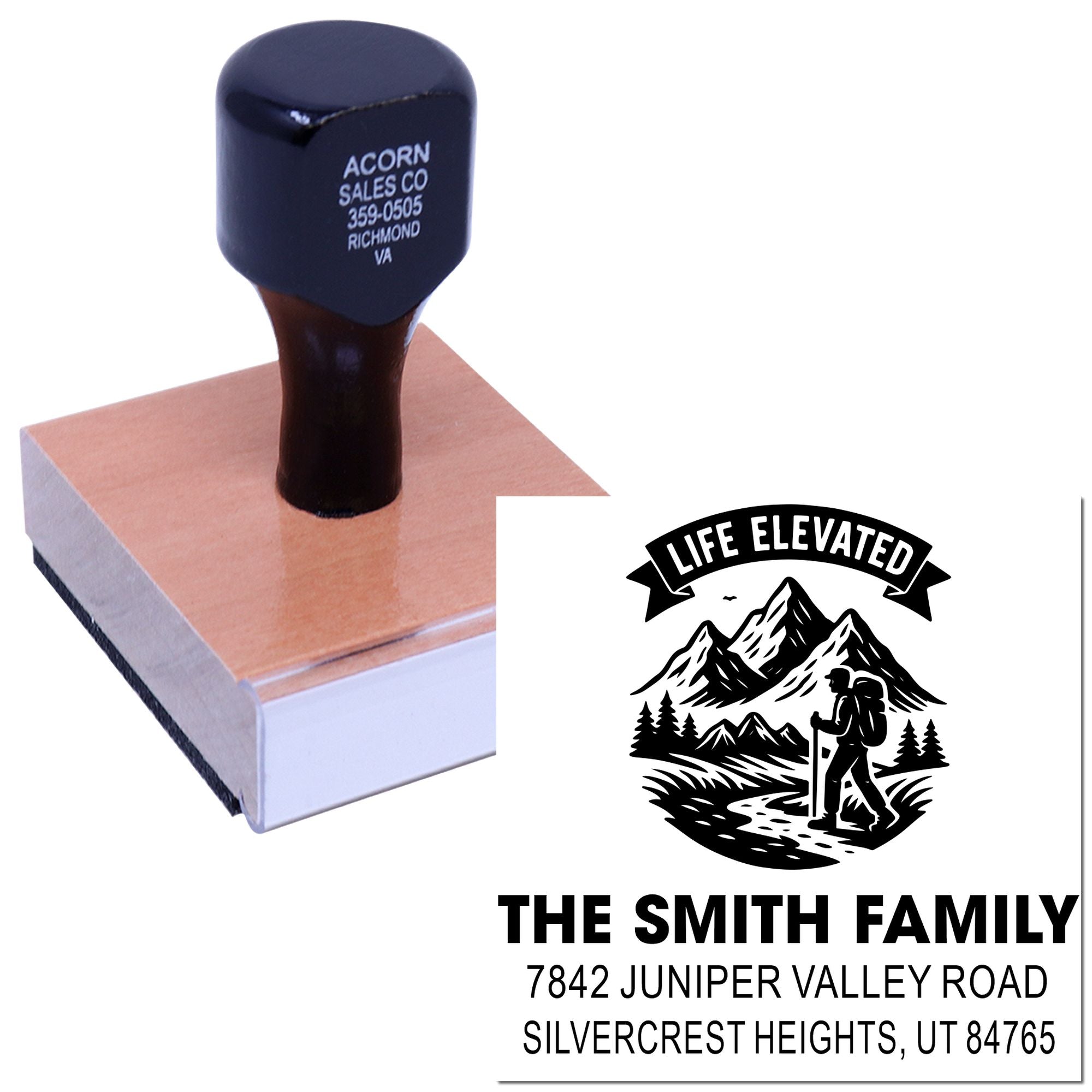 Personalized return address rubber stamp with mountain hiking logo for The Smith Family, Silvercrest Heights UT