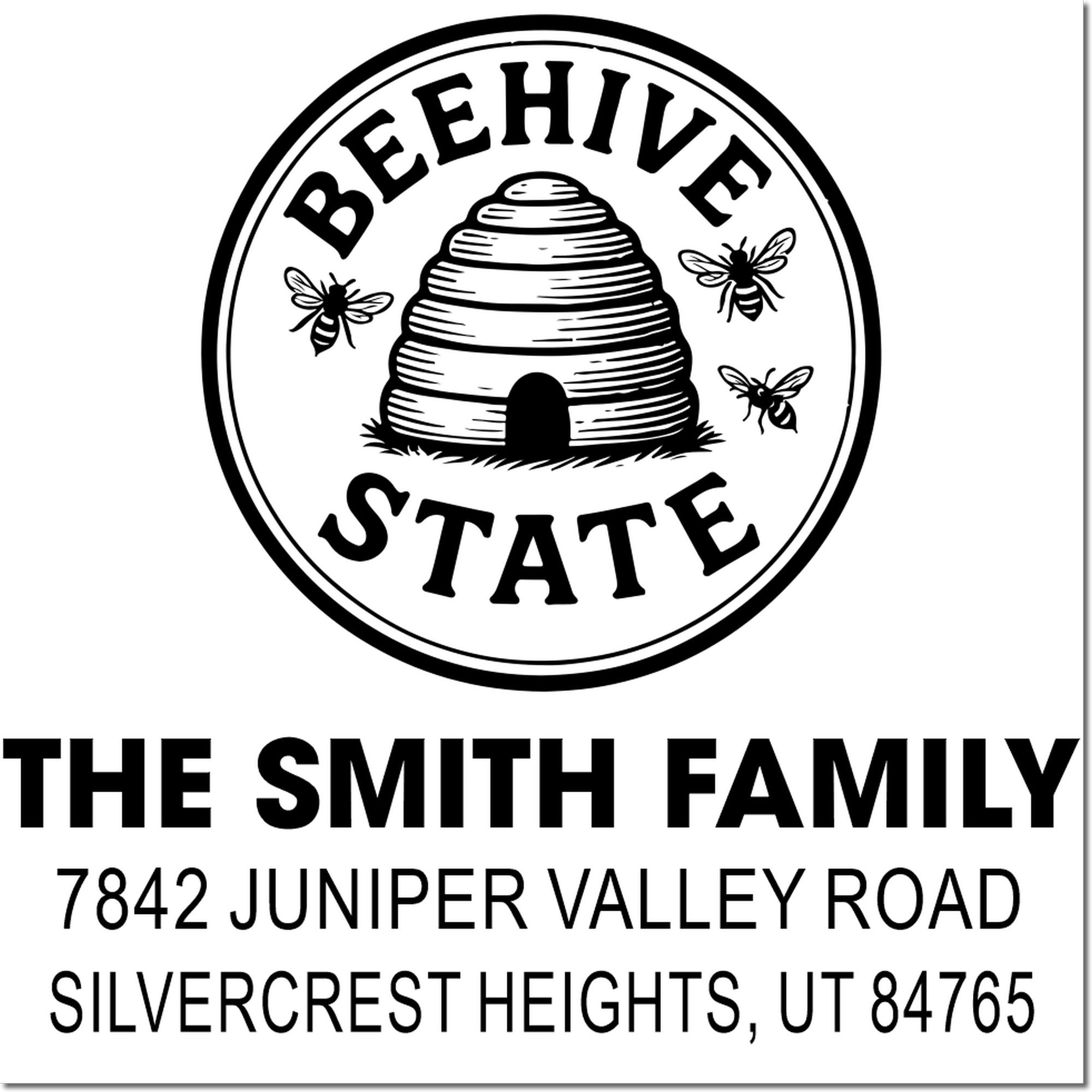 Custom Beehive State address rubber stamp with bee hive design, The Smith Family name, and Utah return address.