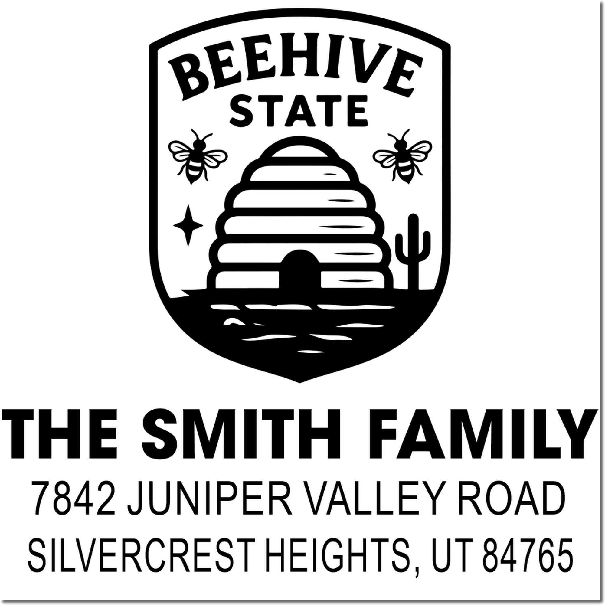 Custom Beehive State return address rubber stamp for The Smith Family, Silvercrest Heights, UT.