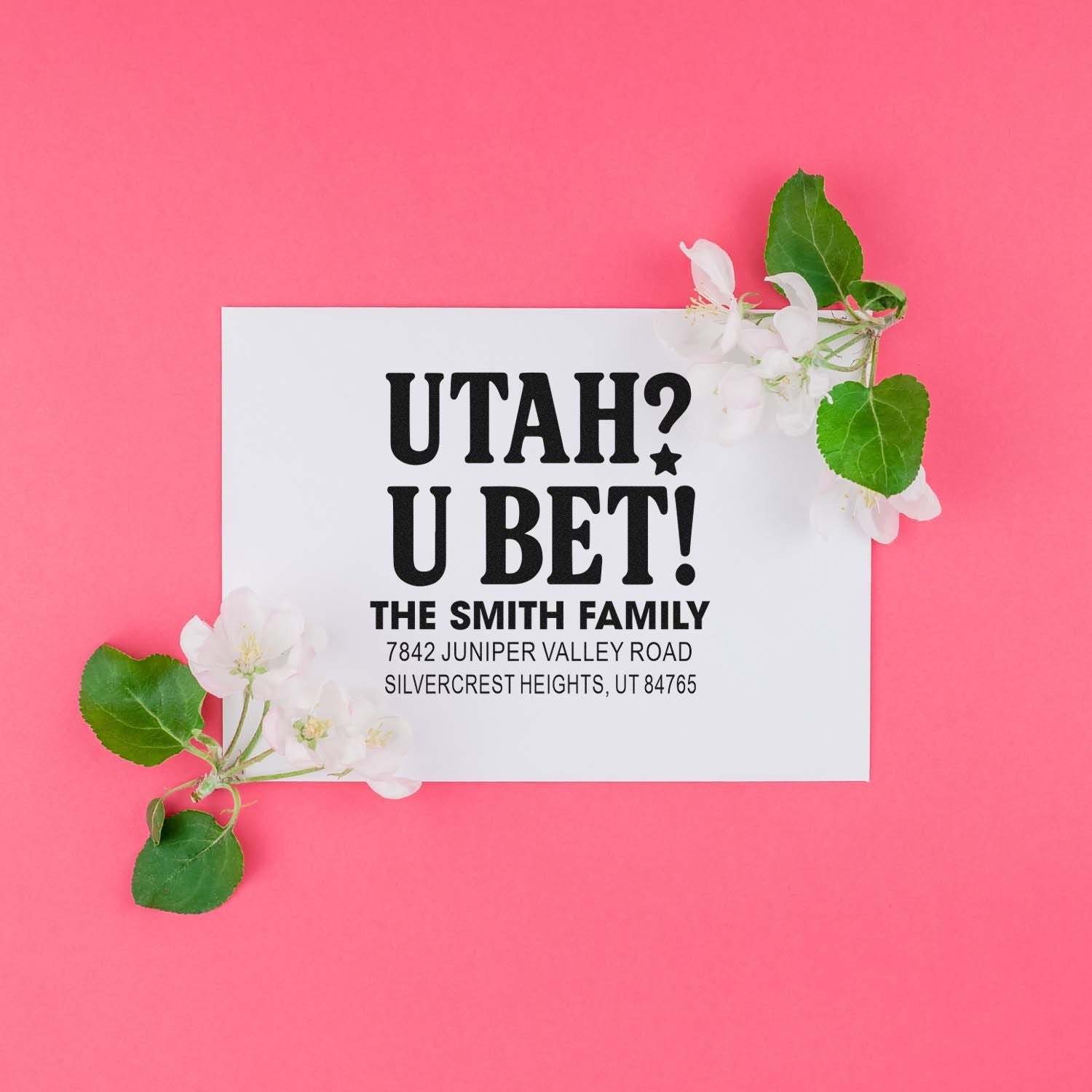 Personalized Utah return address rubber stamp for The Smith Family, featuring a playful Utah? U Bet! design.
