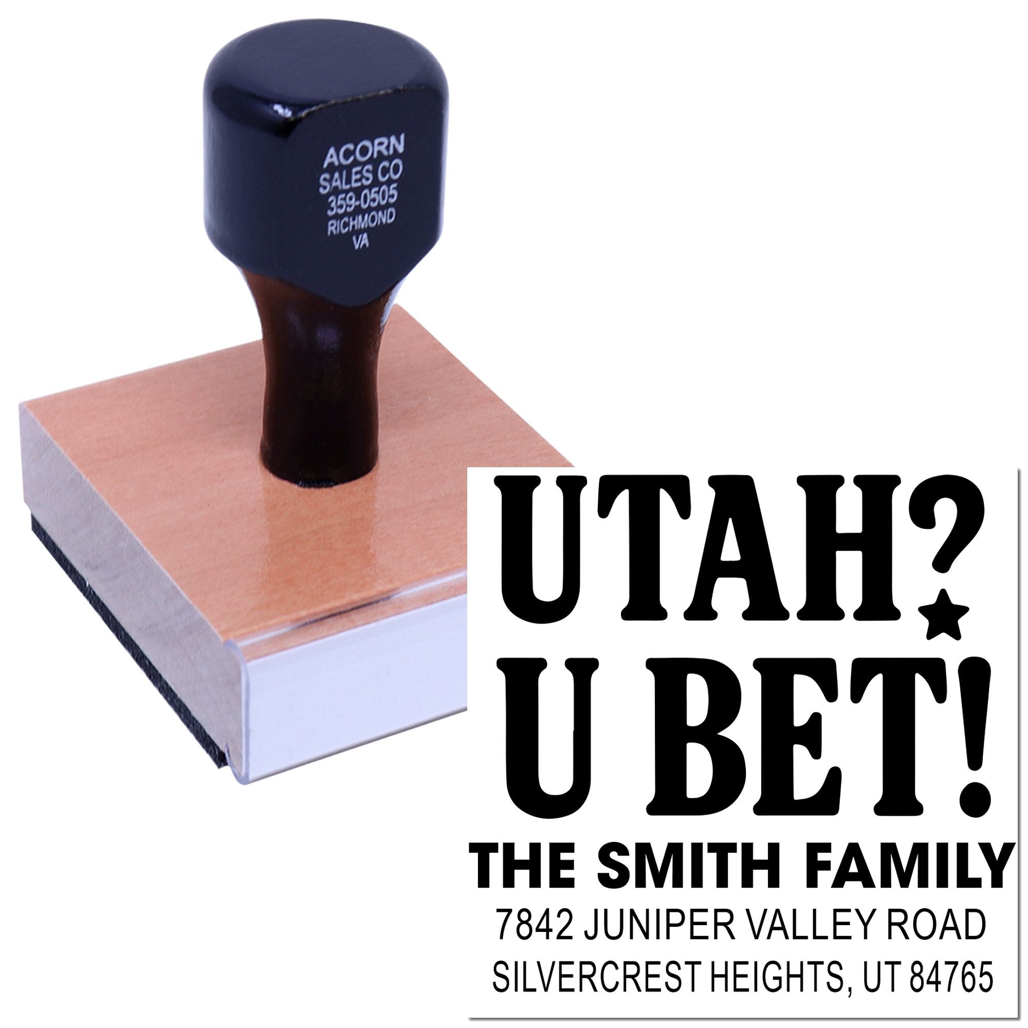 Custom return address rubber stamp for The Smith Family with Utah home address imprint.