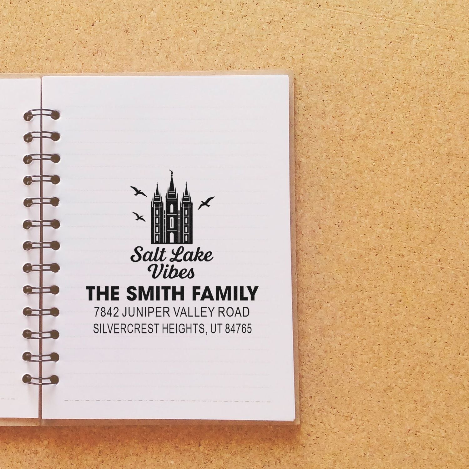 Custom rubber address stamp with Salt Lake Vibes design for The Smith Family, ideal for mail, notebooks, and gifts.