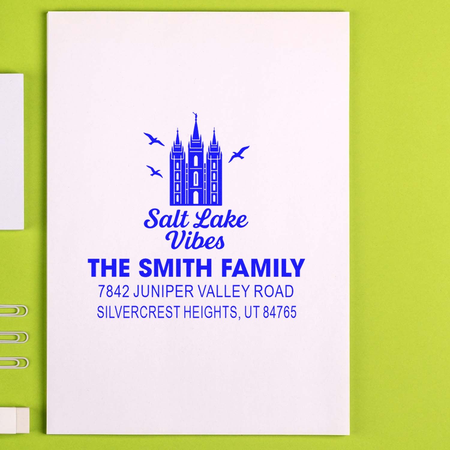 Custom rubber stamp for The Smith Family return address, featuring Salt Lake Vibes temple logo and Utah mailing details.