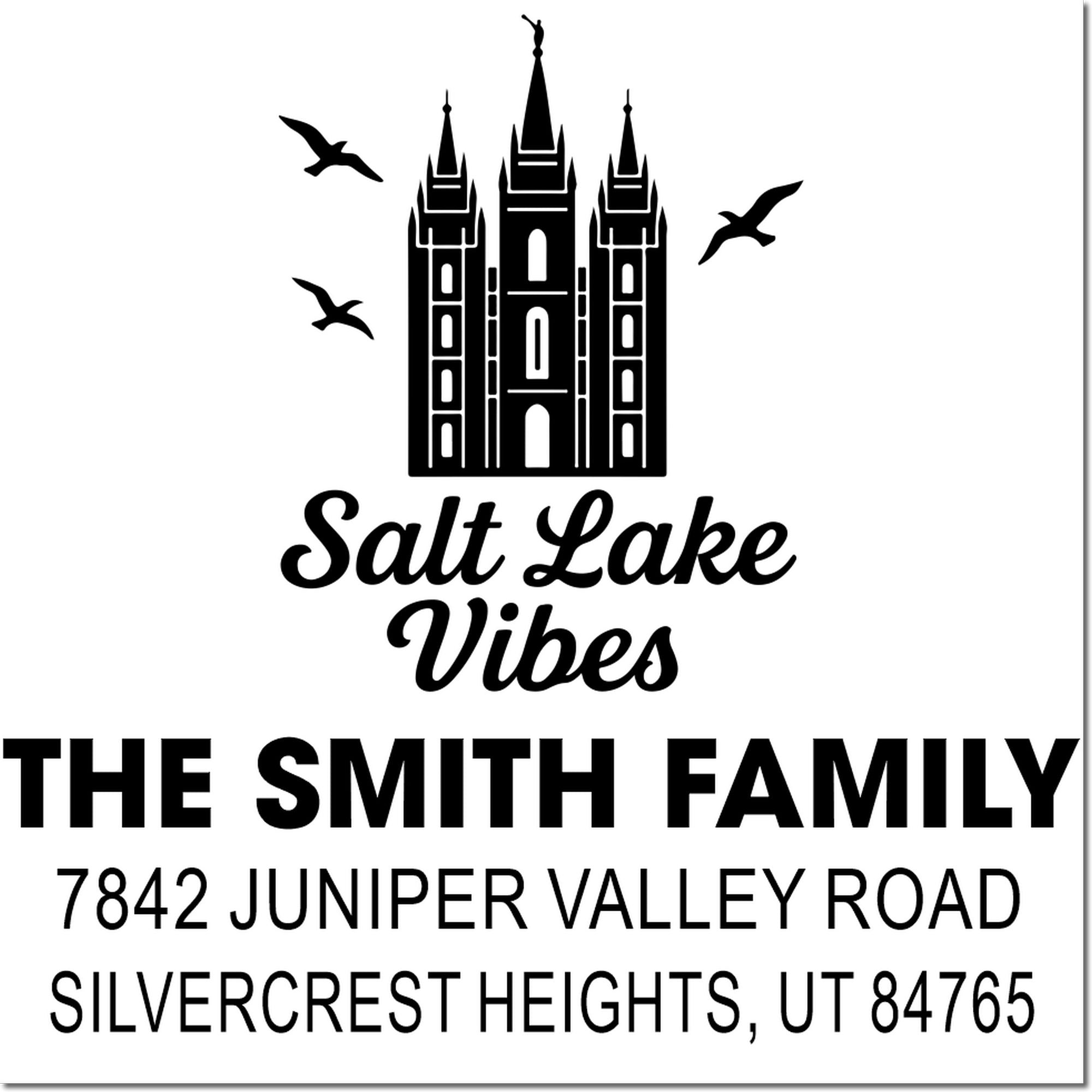 Custom Salt Lake temple rubber stamp with The Smith Family name, Salt Lake Vibes, and return address in Silvercrest Heights, UT 84765