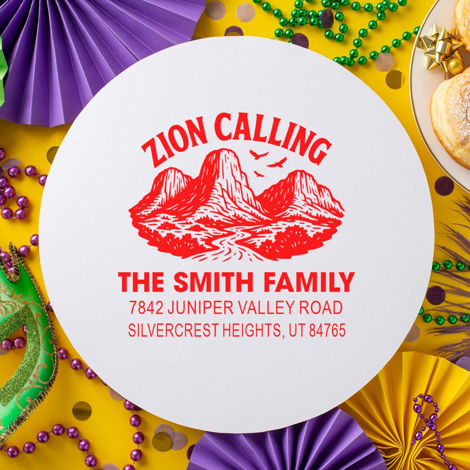 Personalized Zion Calling return address rubber stamp for The Smith Family with mountain design and custom mailing address.