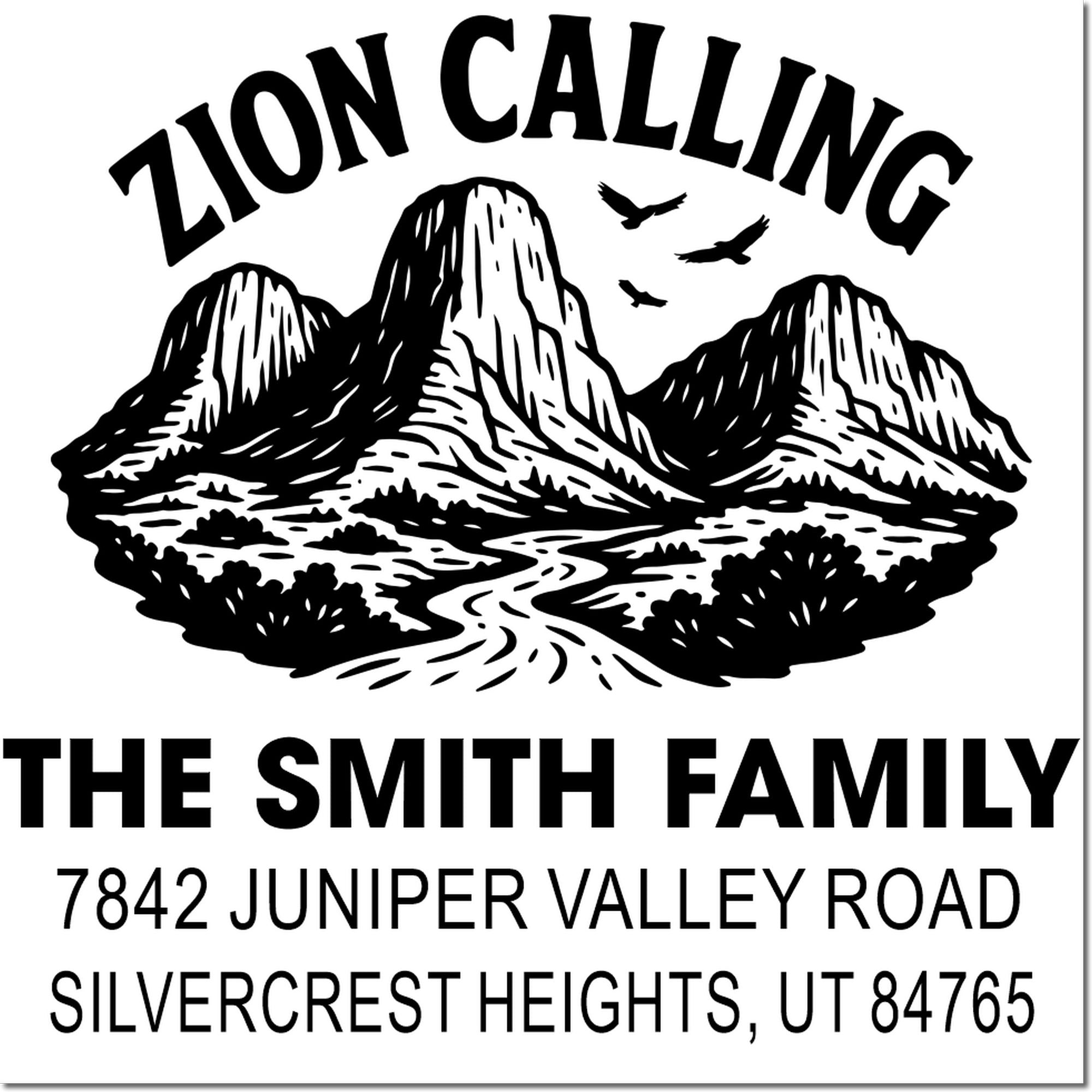 Custom Zion Calling family return address stamp for The Smith Family, with mountain design and Utah address.
