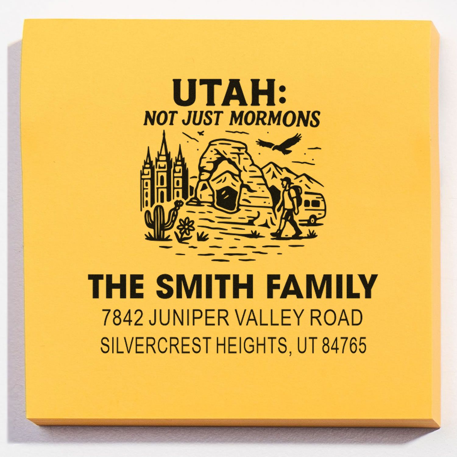 Utah-themed custom return address rubber stamp with Not Just Mormons slogan for The Smith Family