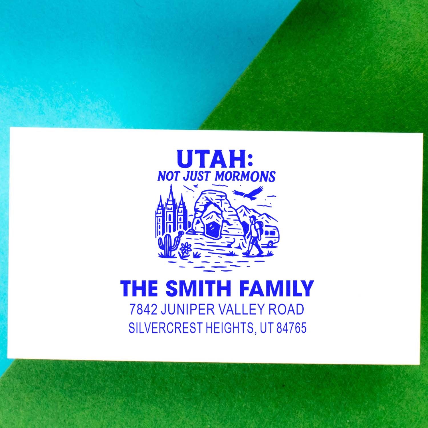 Personalized Utah rubber stamp imprint with Not Just Mormons design, The Smith Family name, and return address.