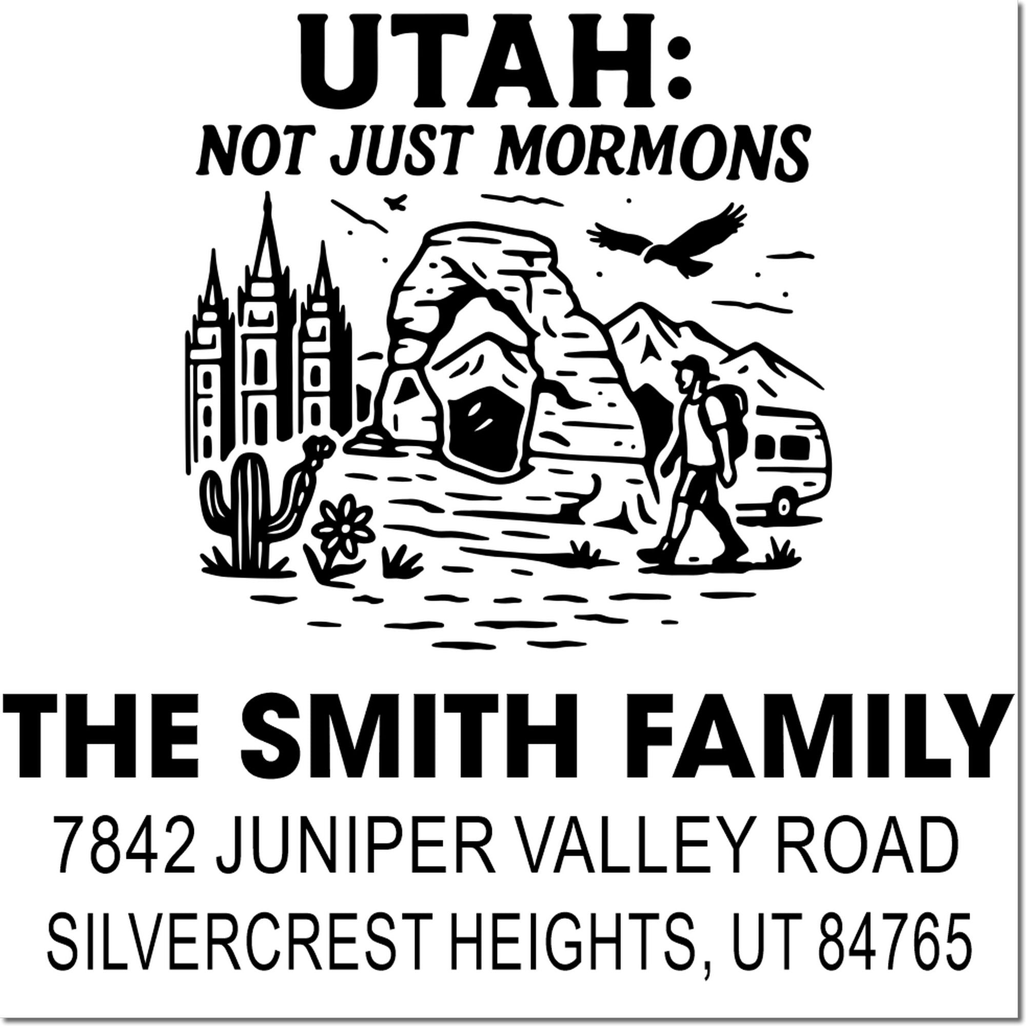 Utah-themed custom family address rubber stamp for The Smith Family, featuring desert art and Silvercrest Heights, UT 84765.