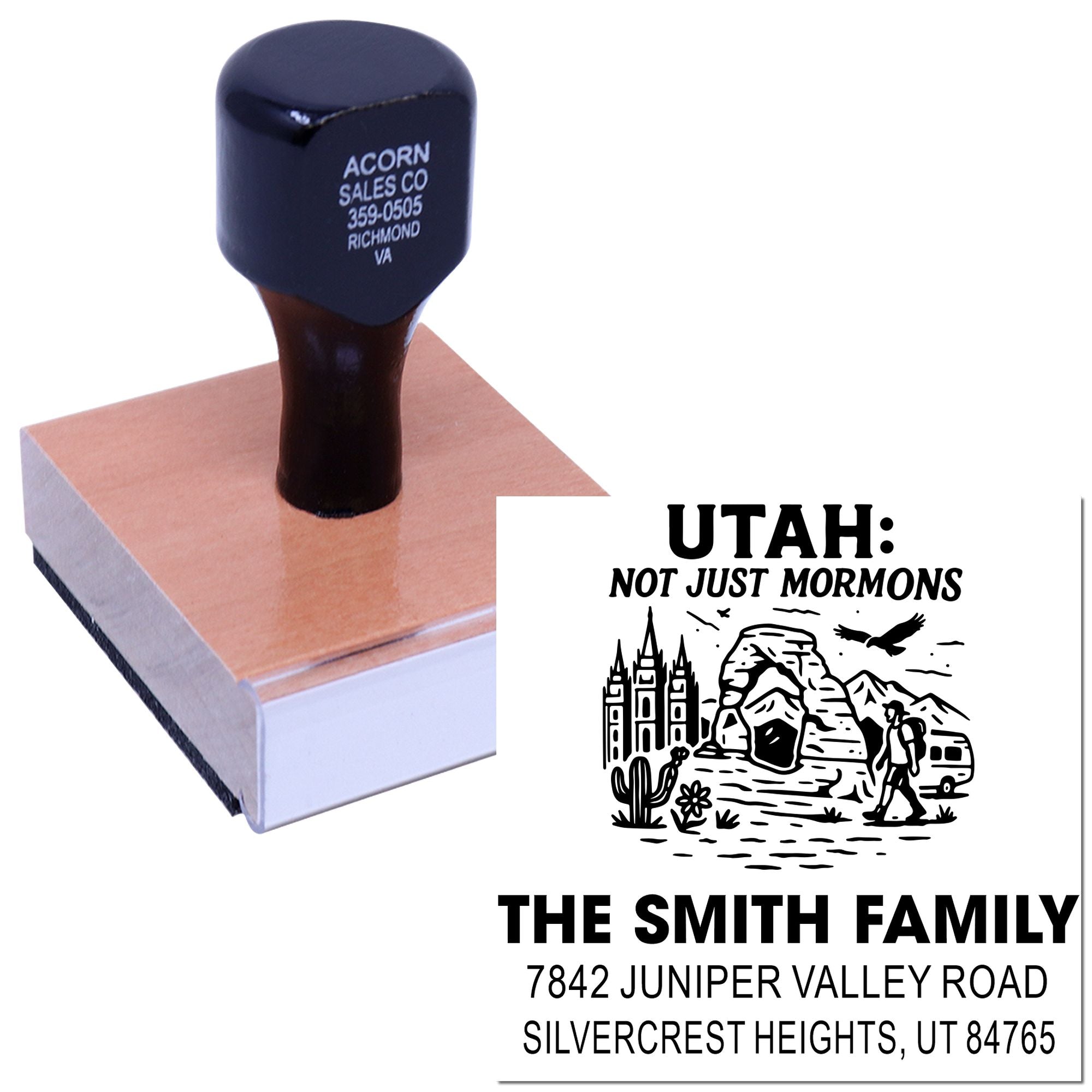 Custom self-inking rubber stamp with Utah family address design for personalized mailing and branding.