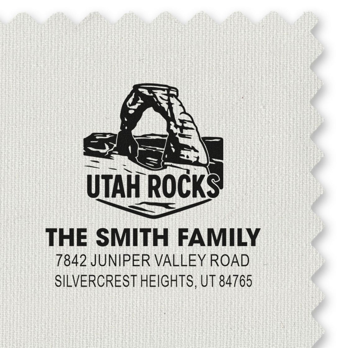 Custom family address rubber stamp with Utah Rocks logo, The Smith Family, Juniper Valley Road, Silvercrest Heights, UT 84765