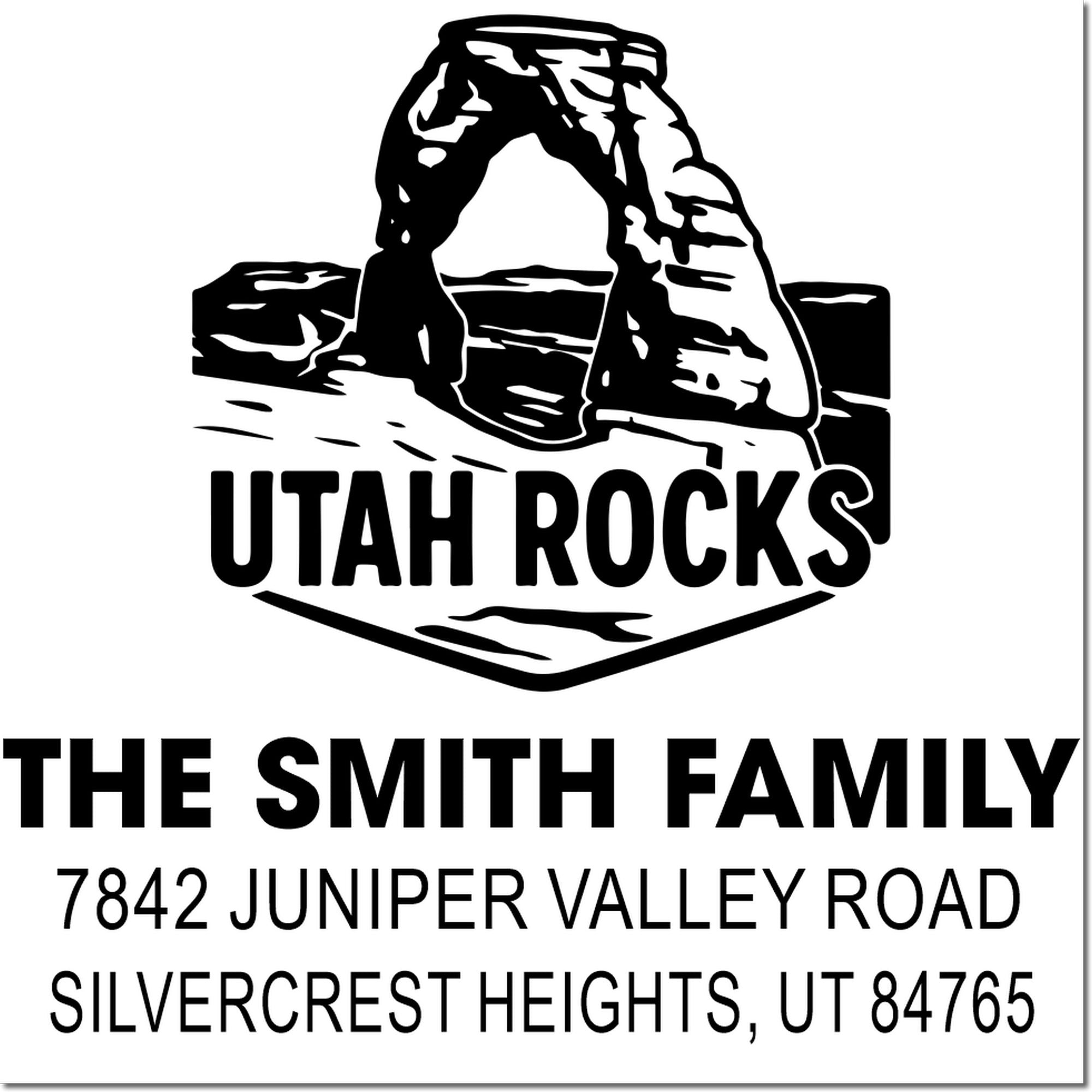 Custom Utah Rocks return address rubber stamp for The Smith Family, Silvercrest Heights, UT 84765.