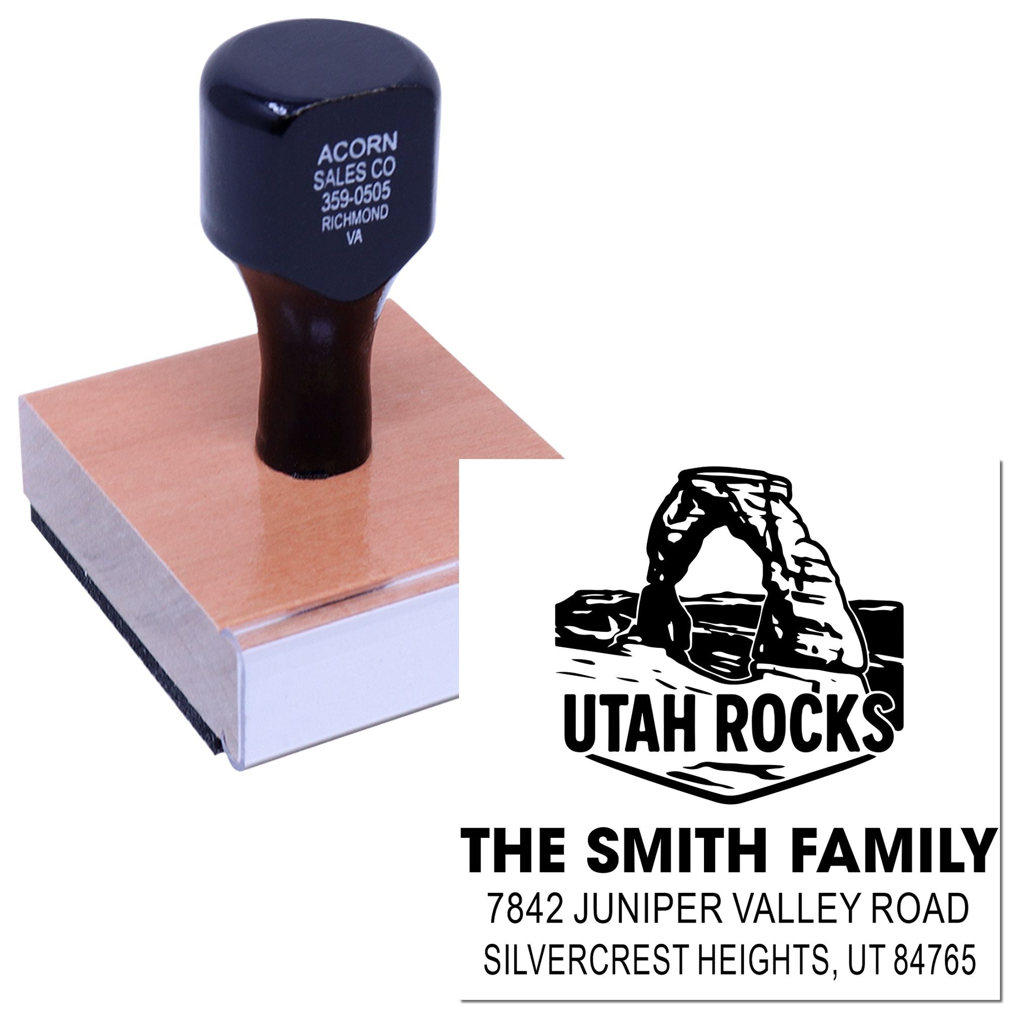 Custom rubber address stamp with Utah Rocks logo, The Smith Family name, and Silvercrest Heights, UT address.