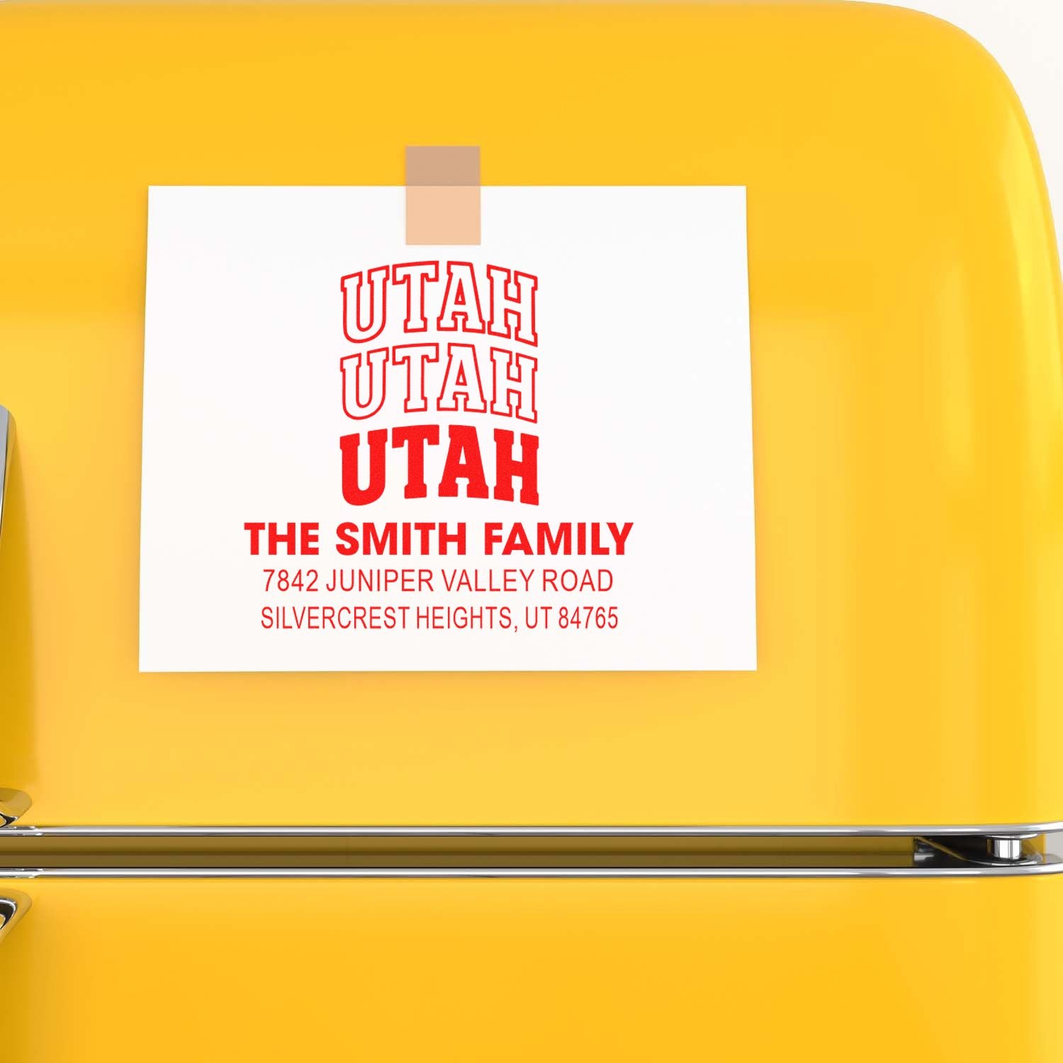 Custom Utah family address rubber stamp with bold red imprint for The Smith Family, Silvercrest Heights, UT 84765.