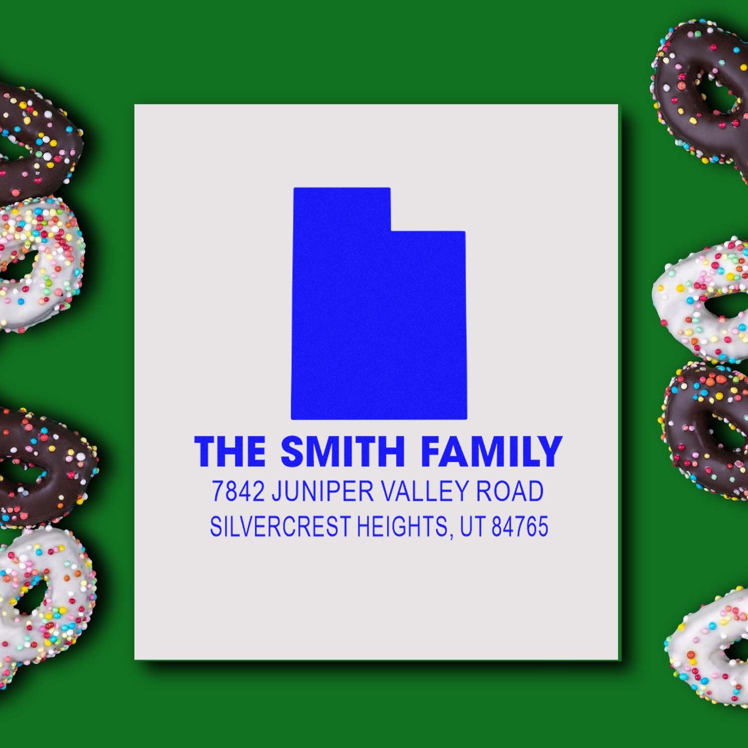 Custom return address rubber stamp for The Smith Family with home icon and Silvercrest Heights, UT address.