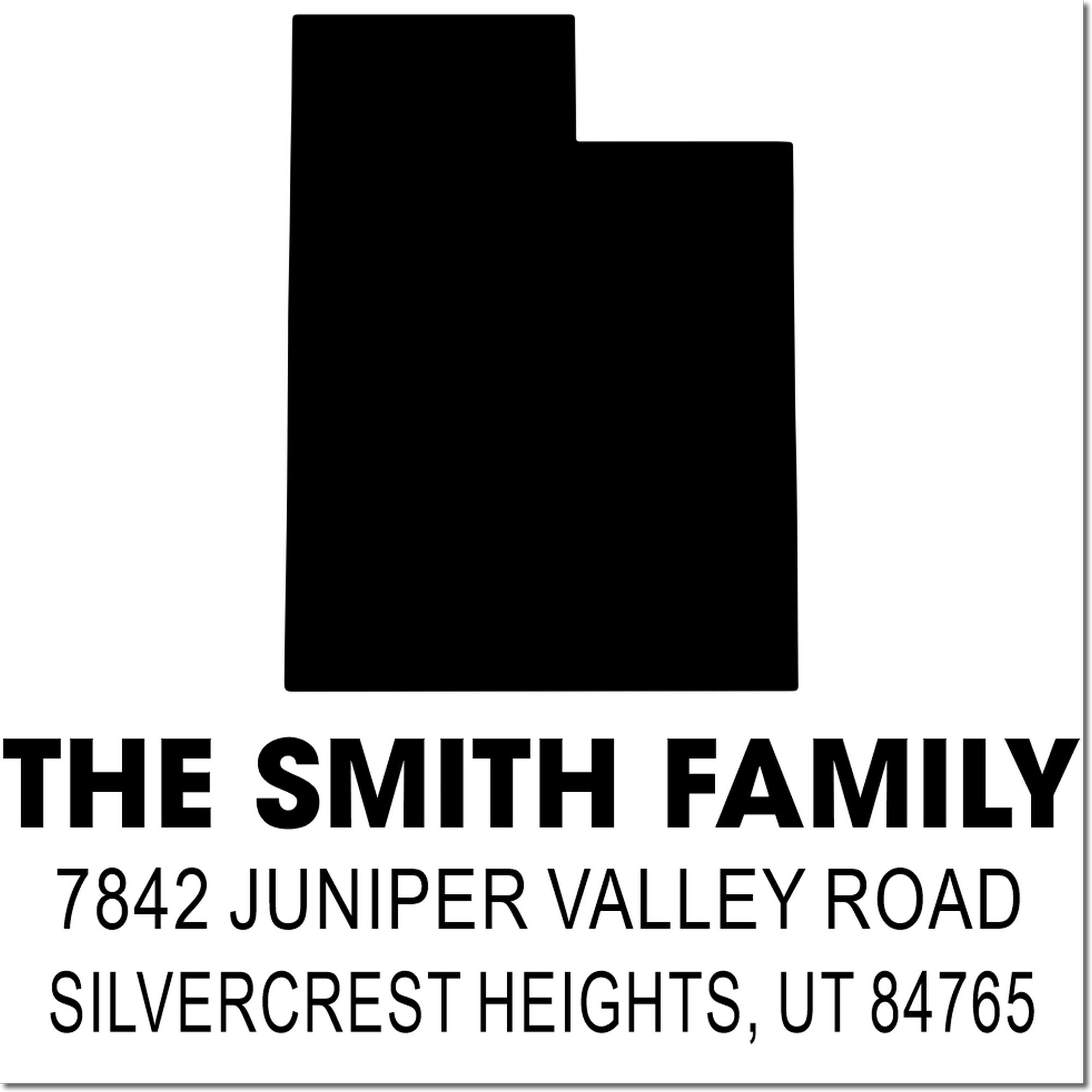 Custom return address rubber stamp for The Smith Family, 7842 Juniper Valley Road, Silvercrest Heights, UT 84765.