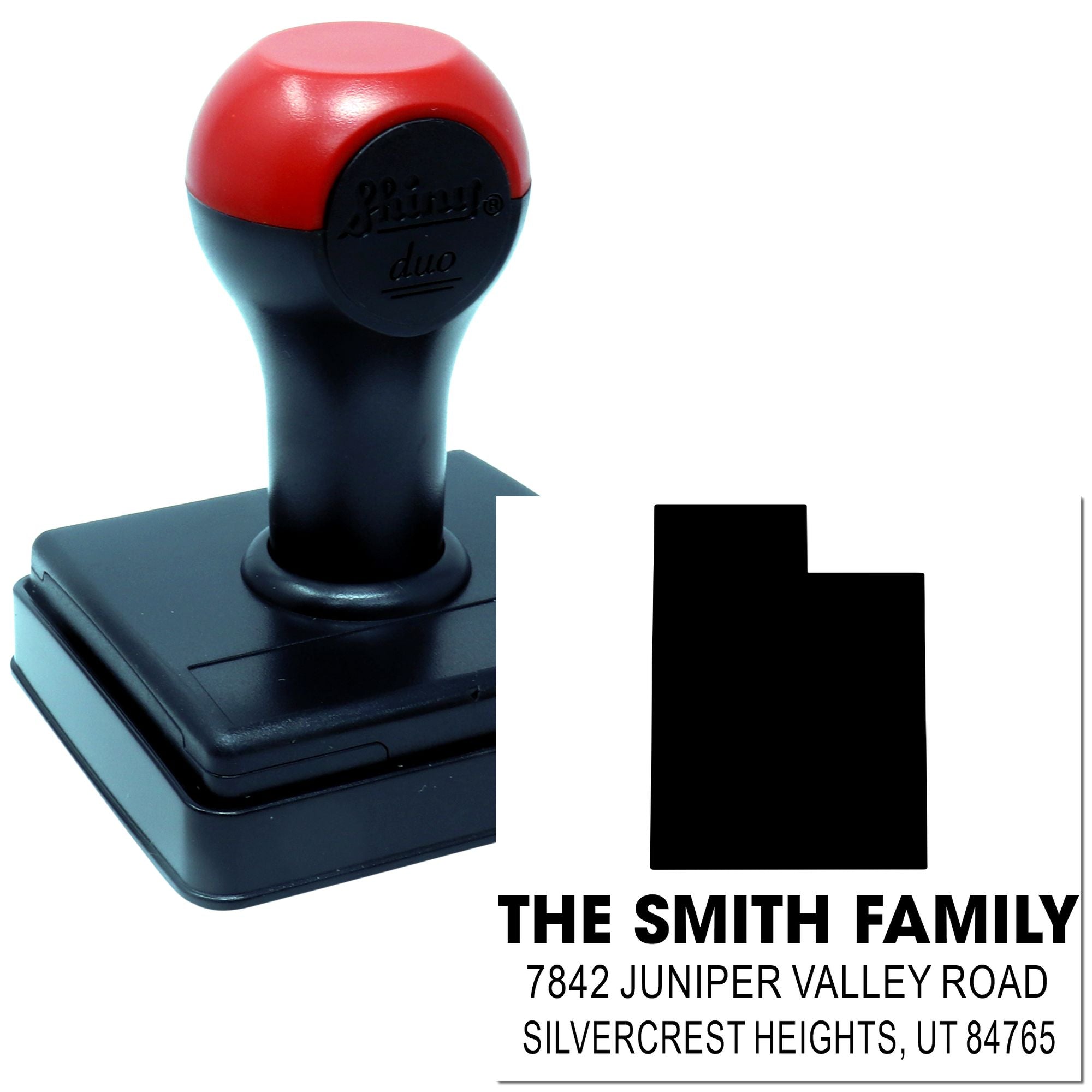 Custom self-inking rubber address stamp for The Smith Family with personalized return address in Silvercrest Heights, UT.