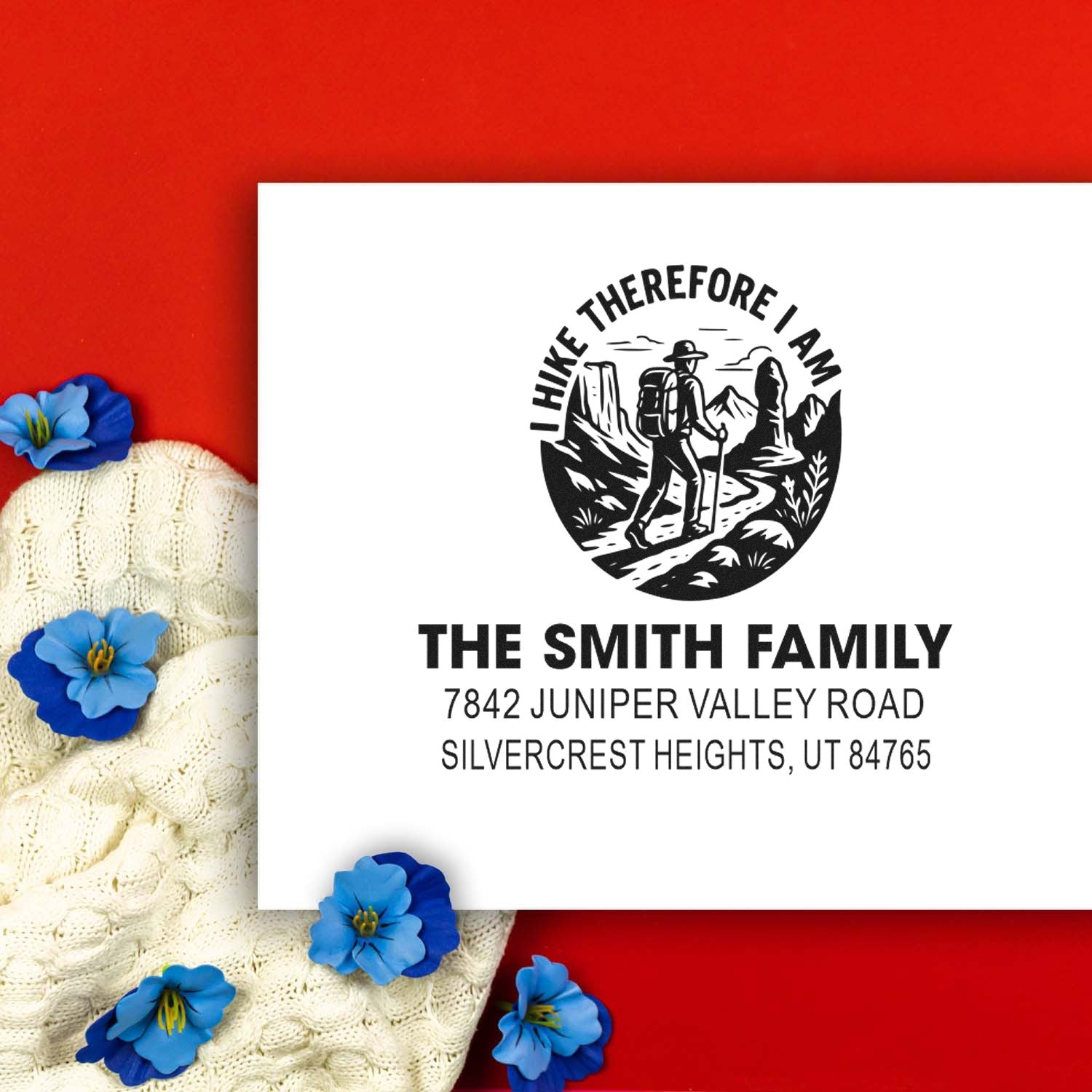 Custom family return address rubber stamp with hiking logo, The Smith Family, and personalized address for mailing and crafts.