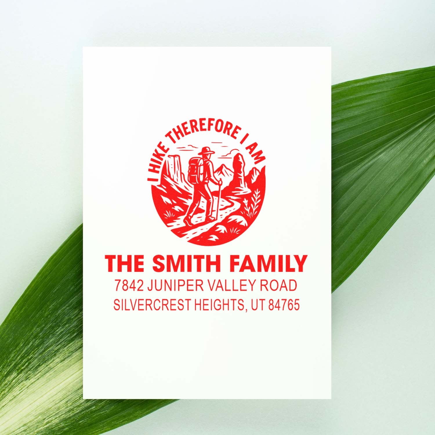 Custom hiking-themed return address rubber stamp for The Smith Family, featuring name and Silvercrest Heights address.