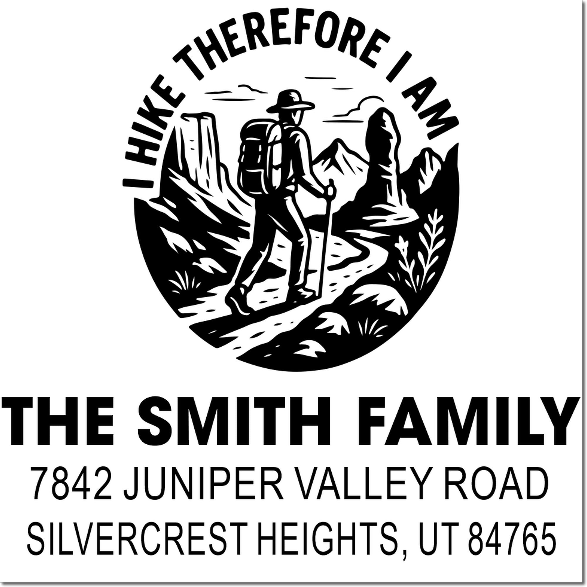 Custom hiking family address rubber stamp for The Smith Family, with mountain hiker design and Silvercrest Heights, UT address.