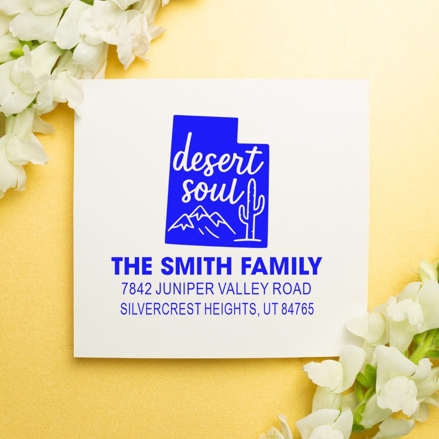 Personalized desert soul address rubber stamp for The Smith Family, with mountain and cactus logo and return address.
