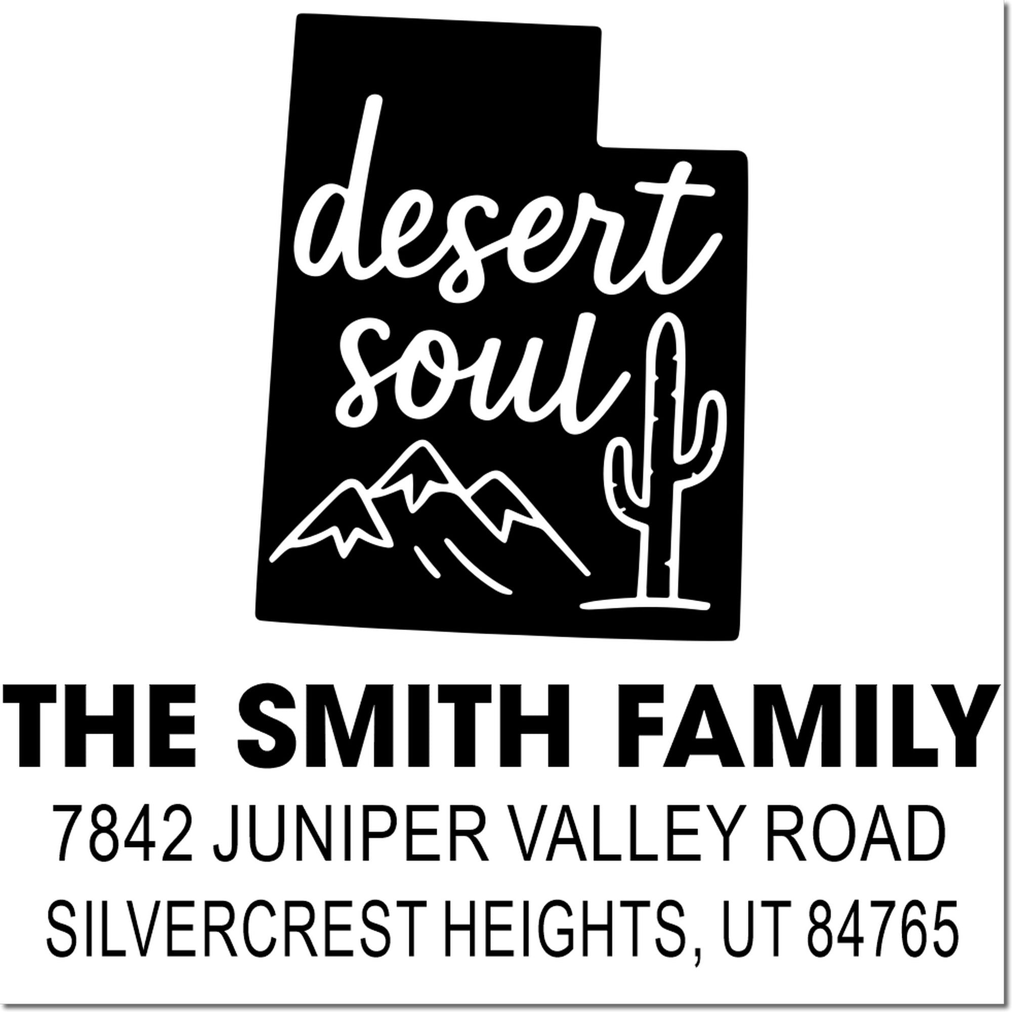 Custom address rubber stamp with desert soul design, mountain and cactus motif for The Smith Family home address.