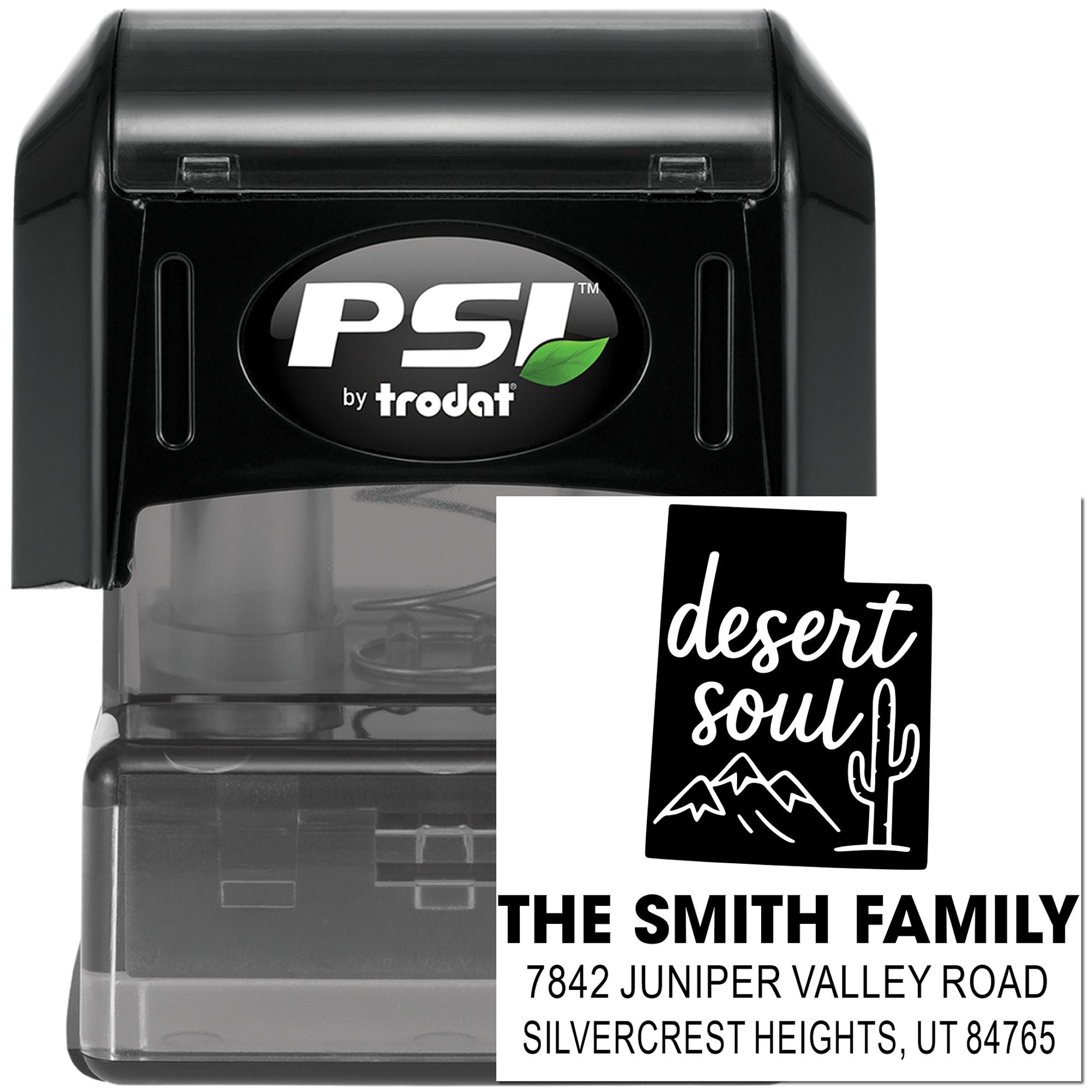 PSI by Trodat custom self-inking family address rubber stamp with desert soul mountain and cactus design.