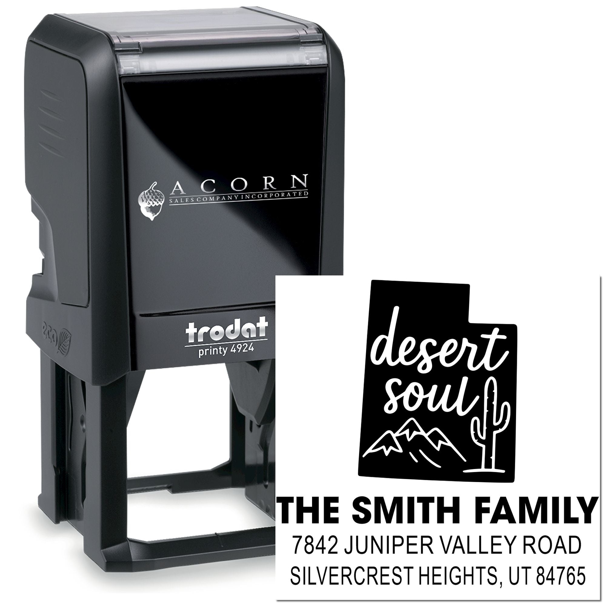 Trodat self-inking rubber address stamp with custom desert soul design and family return address for personalized mailing.