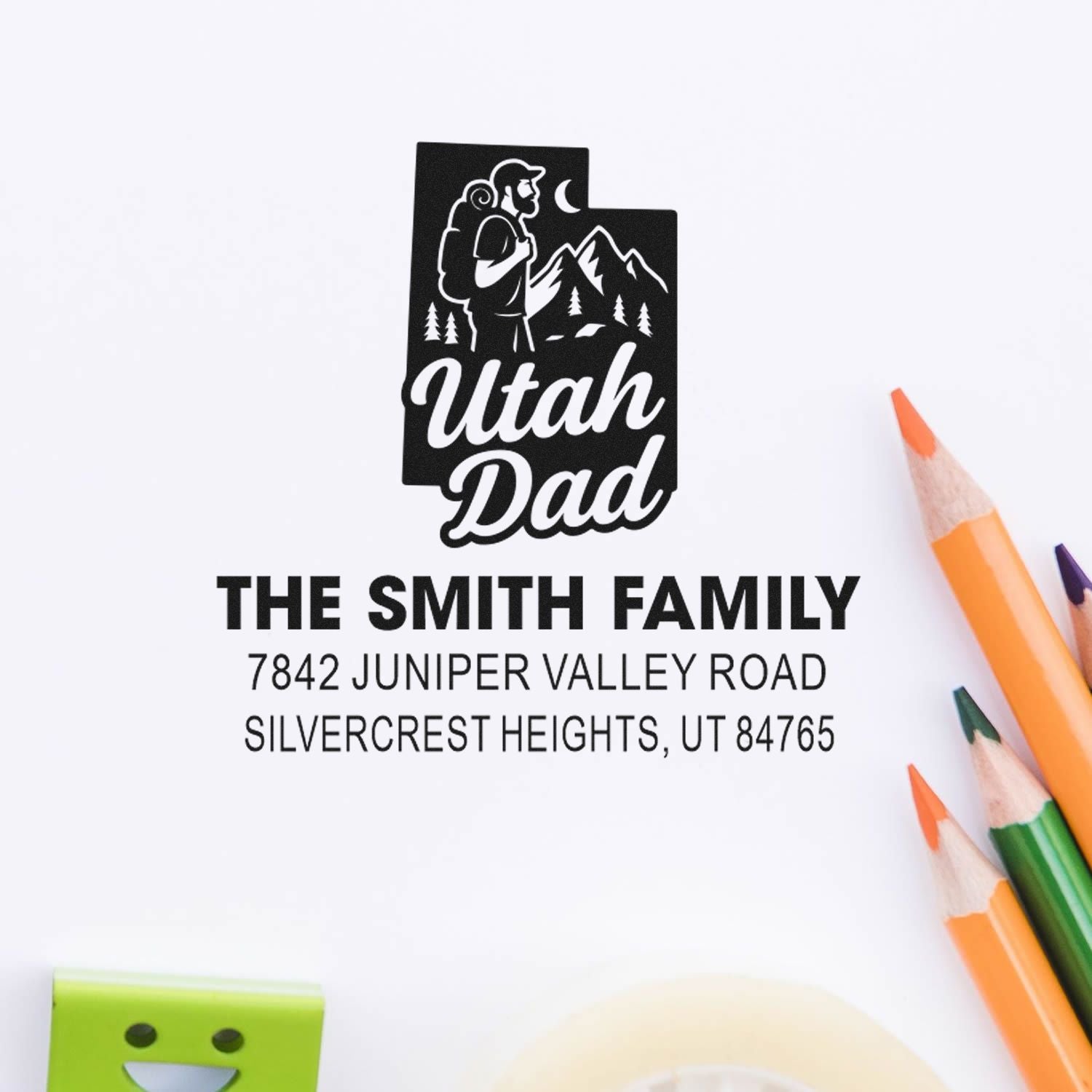 Personalized Utah Dad return address rubber stamp with hiker and mountain design for custom family envelopes