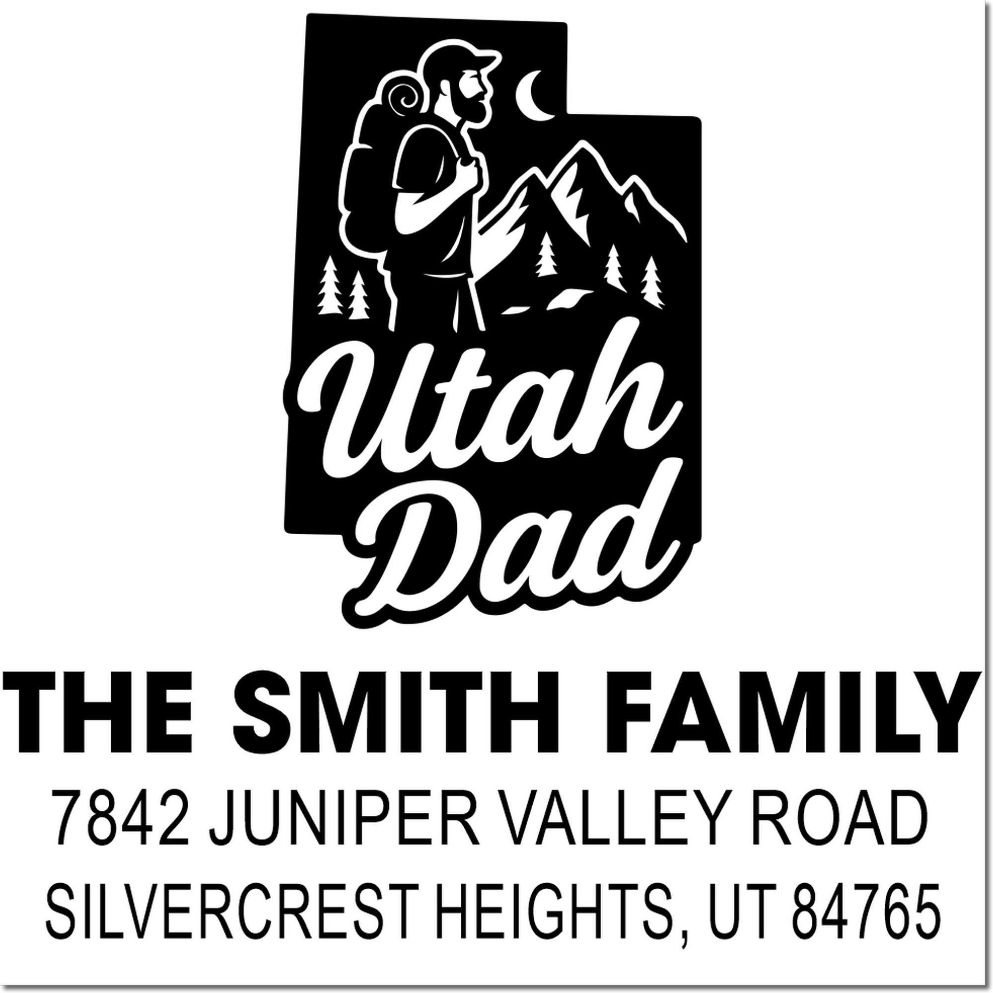 Custom Utah family return address rubber stamp with hiker, mountains and moon for The Smith Family, Silvercrest Heights, UT