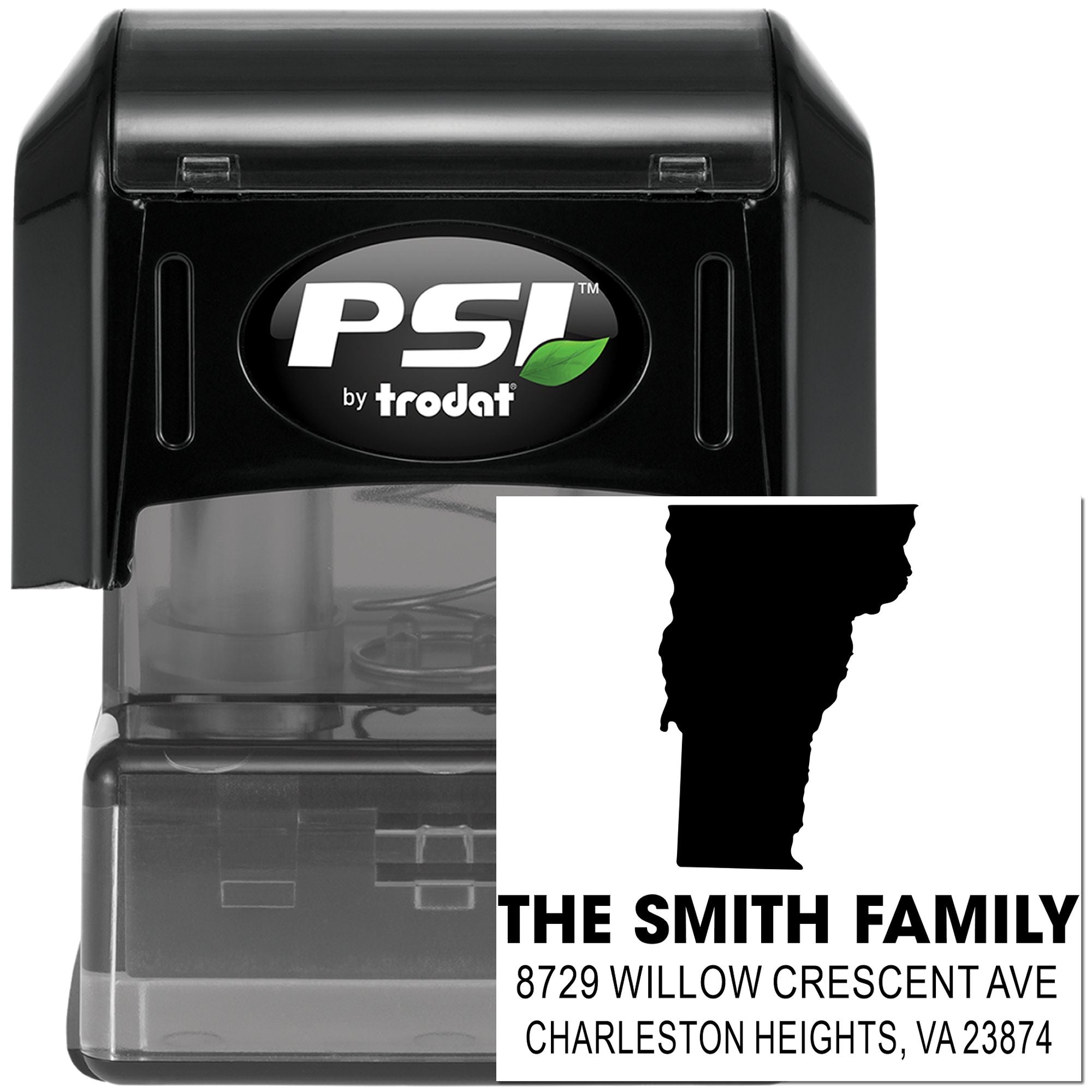 Custom self-inking return address rubber stamp with family name and address for envelopes and mailings.