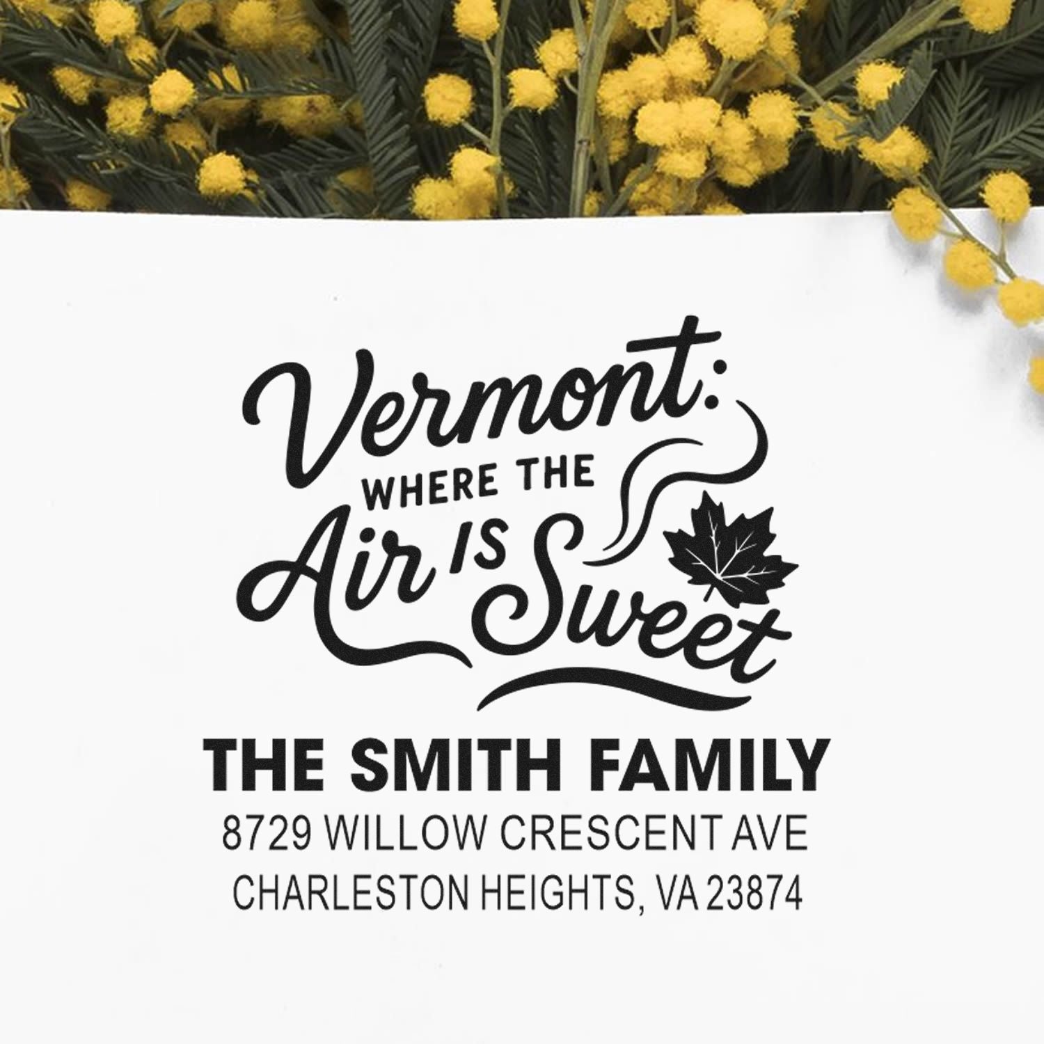 Personalized Vermont return address rubber stamp for The Smith Family with maple leaf design.