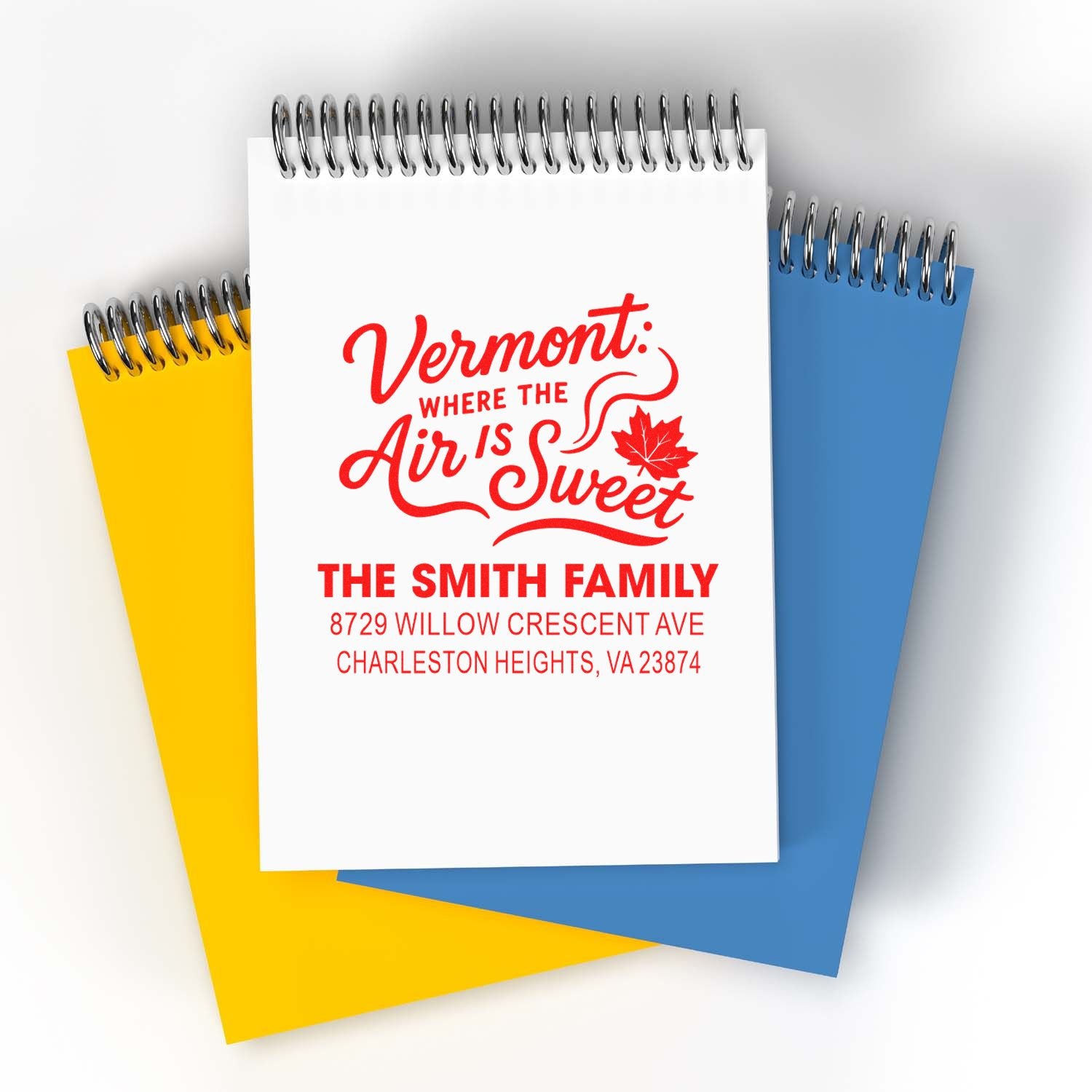 Custom Vermont family address rubber stamp design with Where the Air Is Sweet logo and Smith family mailing address.