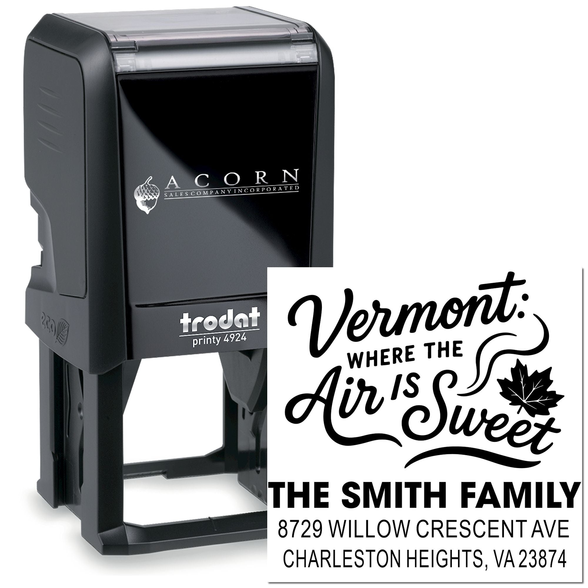 Personalized self-inking rubber return address stamp with Vermont Where the Air Is Sweet family design.