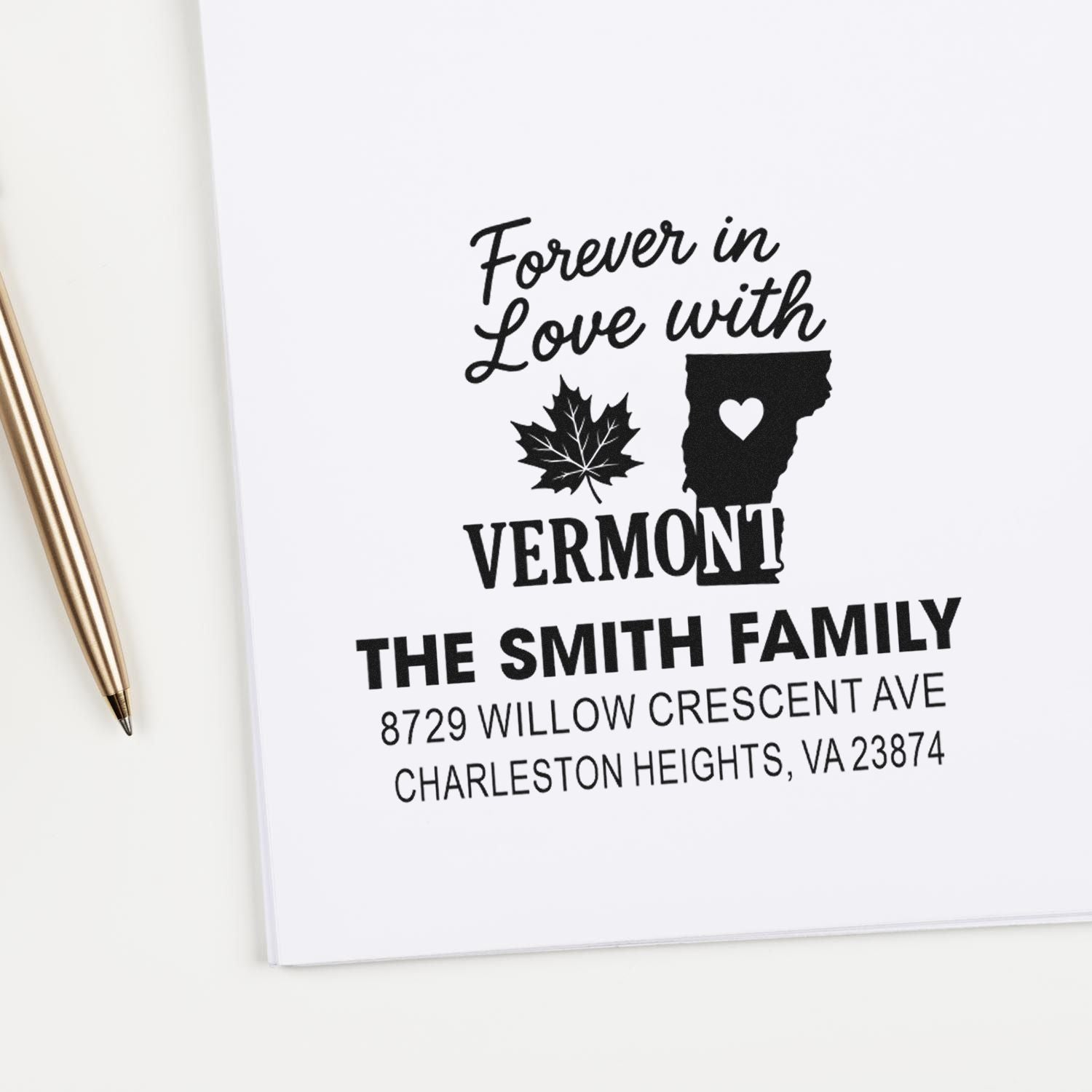 Custom Vermont return address rubber stamp with heart state design, Smith family name, and Forever in Love with Vermont.