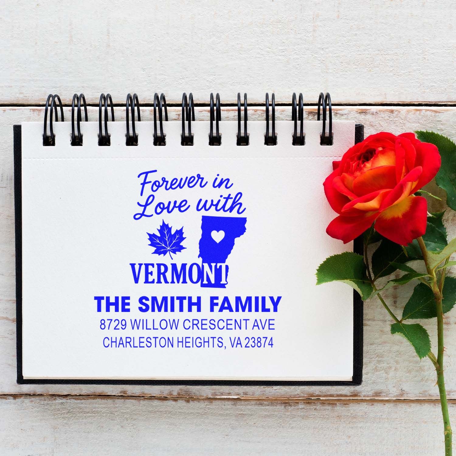 Custom Vermont address rubber stamp with family name and return address, featuring Forever in Love with Vermont design.
