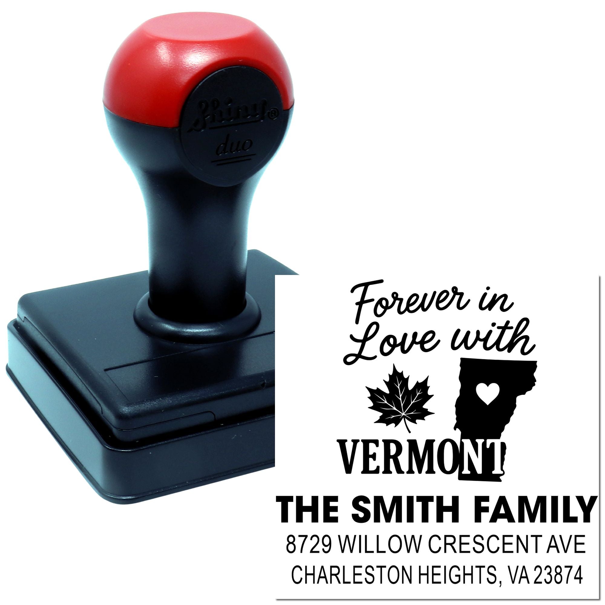 Custom self-inking rubber stamp with personalized Vermont family address and wedding-style design for envelopes and mailings.