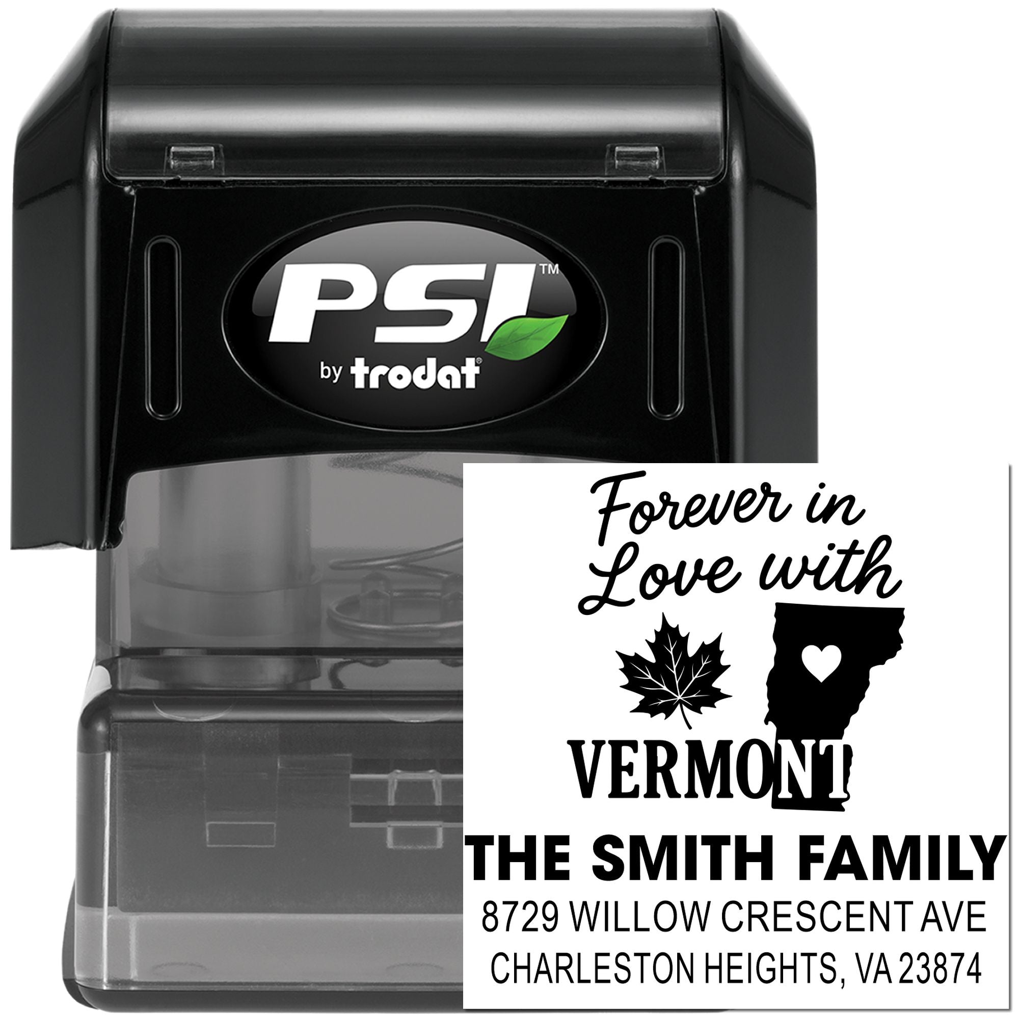 PSI by Trodat self-inking rubber address stamp with custom Vermont family return address design.