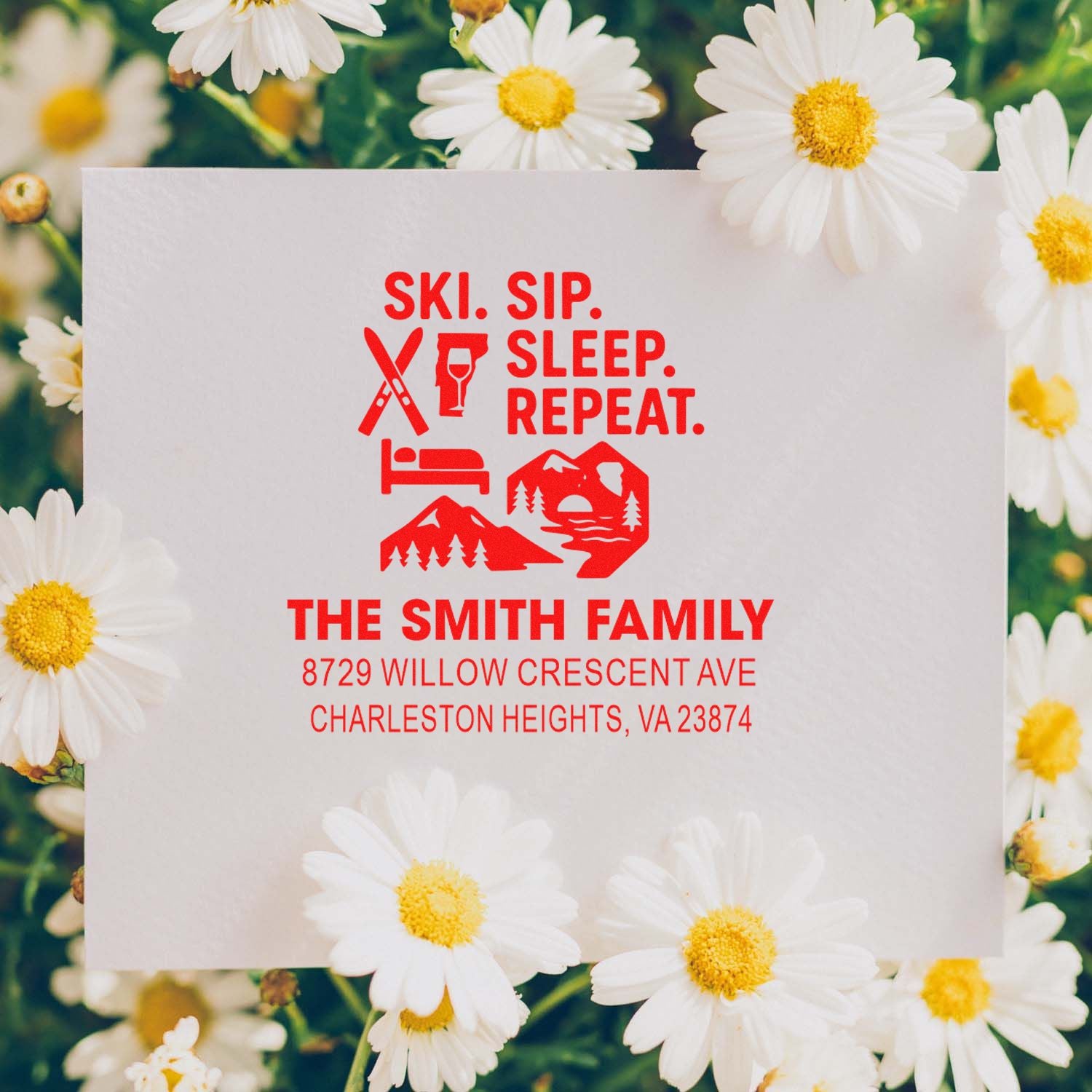 Custom rubber stamp for The Smith Family with ski, wine and cabin icons, personalized return address stamp design.