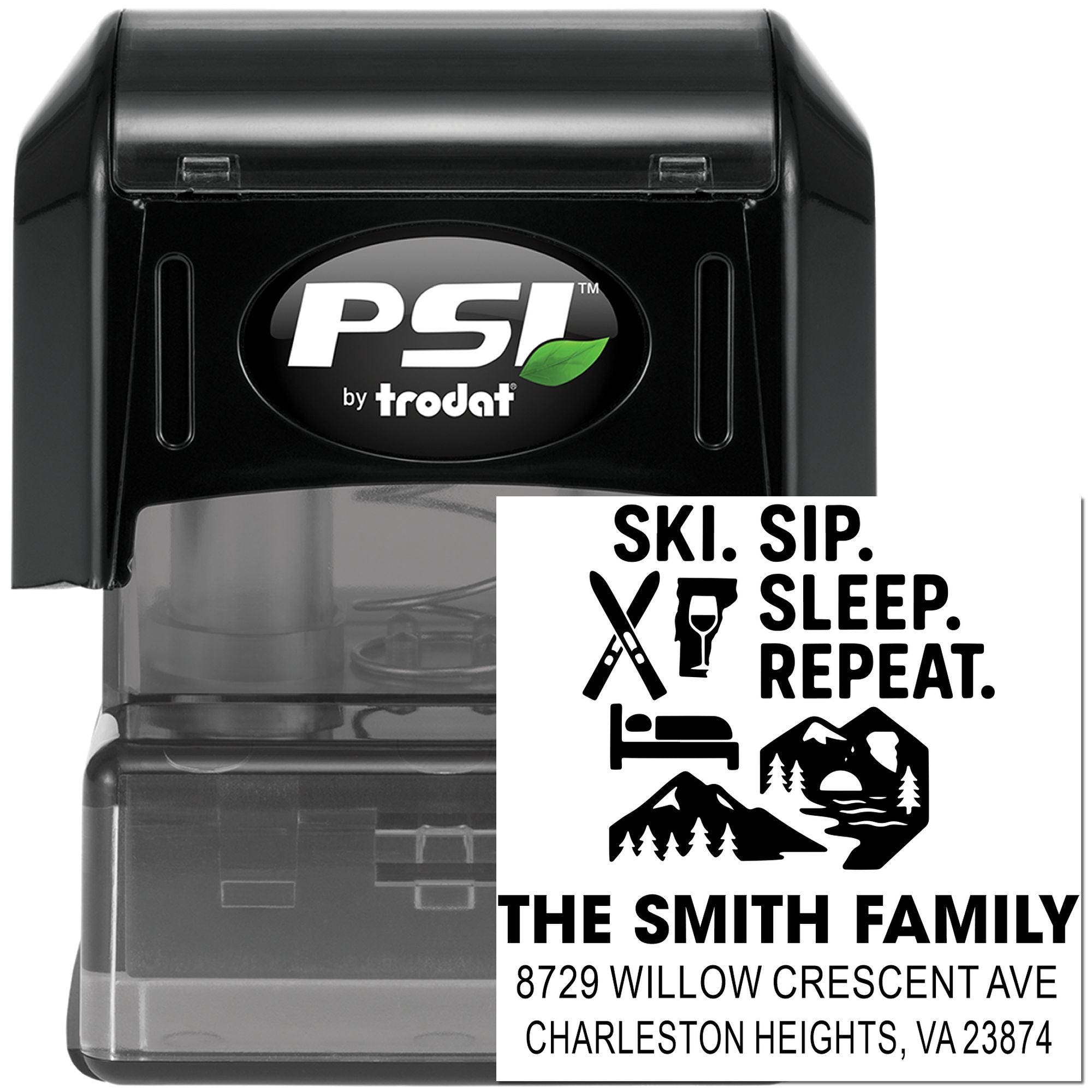 Personalized self-inking rubber stamp by PSI Trodat showing ski-themed return address and Ski. Sip. Sleep. Repeat. design.