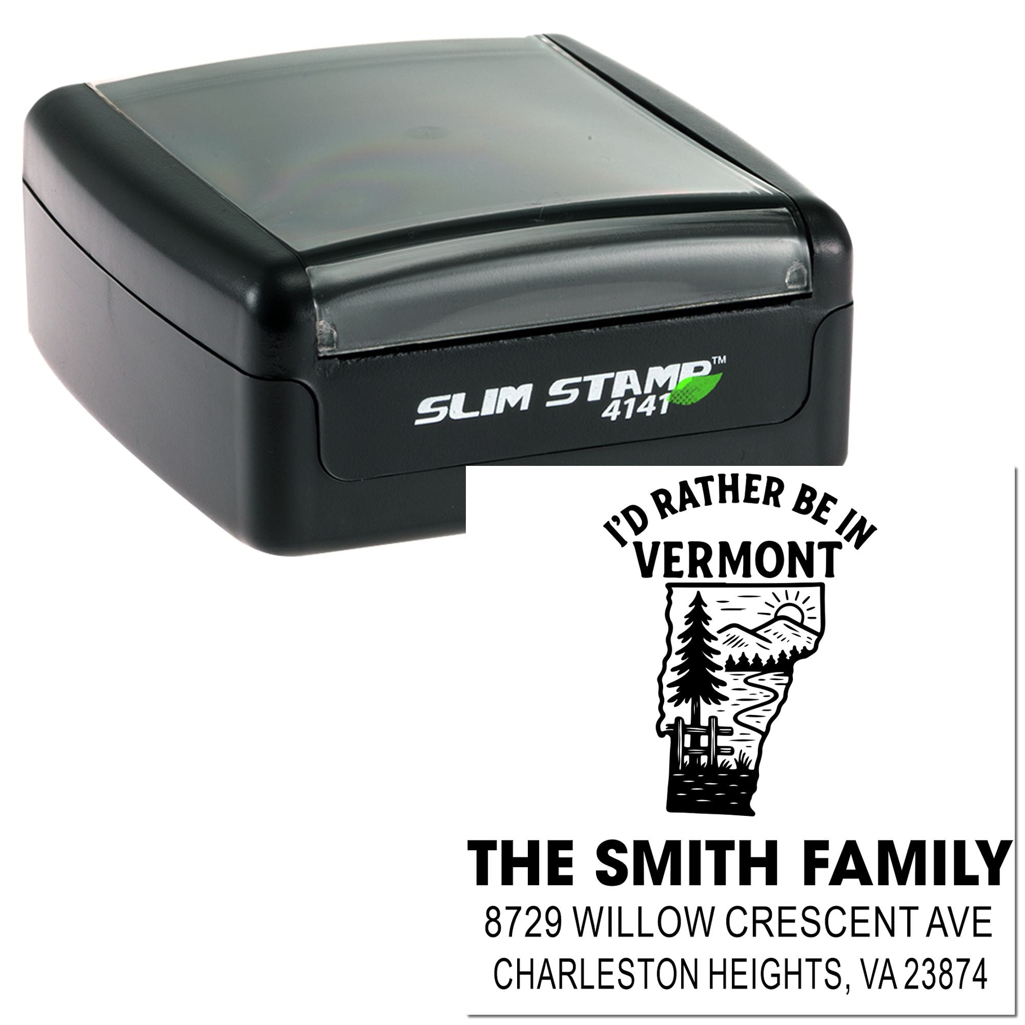 Custom self-inking rubber stamp with Vermont graphic and Smith family address, Slim Stamp 4141 personalized address stamp