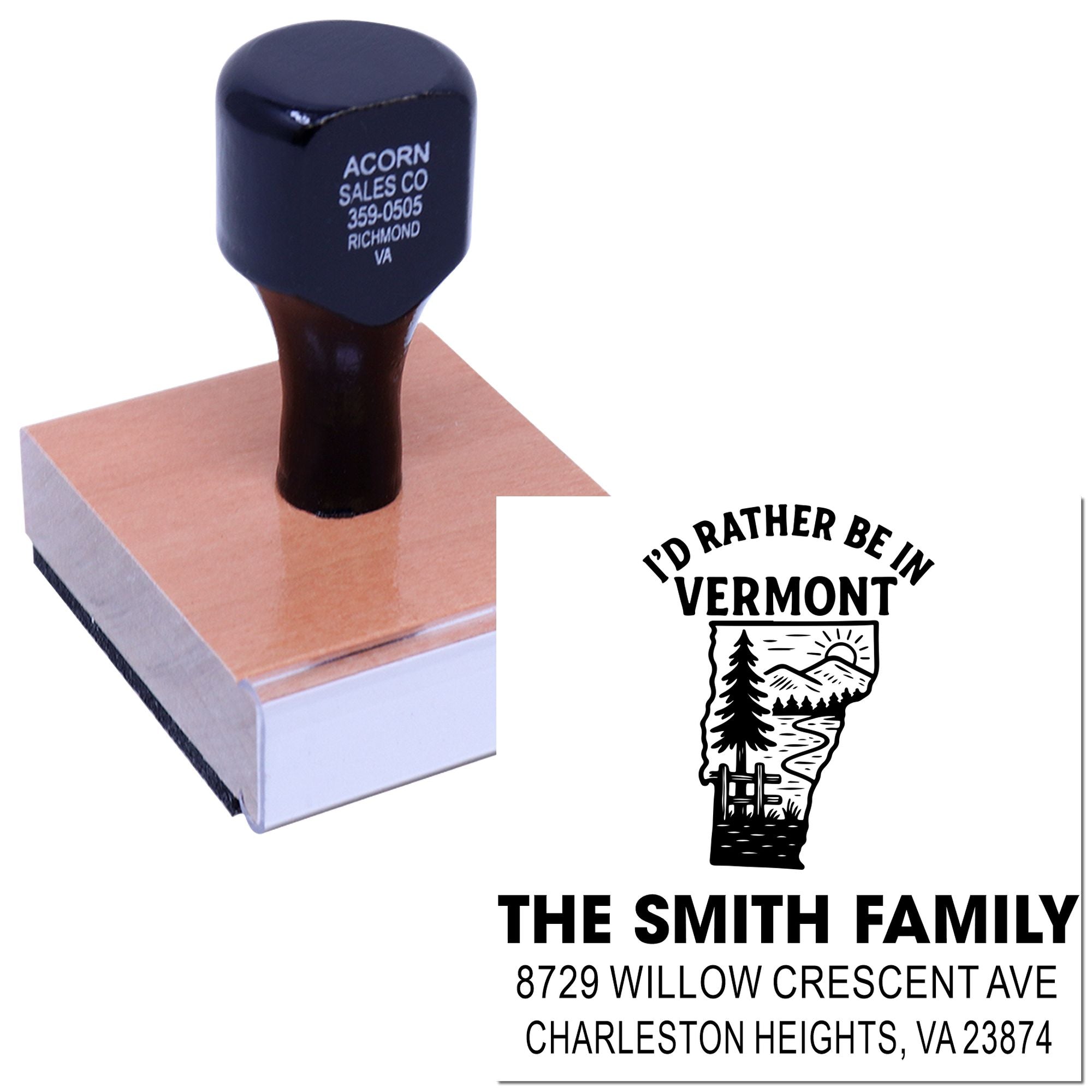 Custom Vermont family address rubber stamp with Id Rather Be in Vermont design and return address imprint.