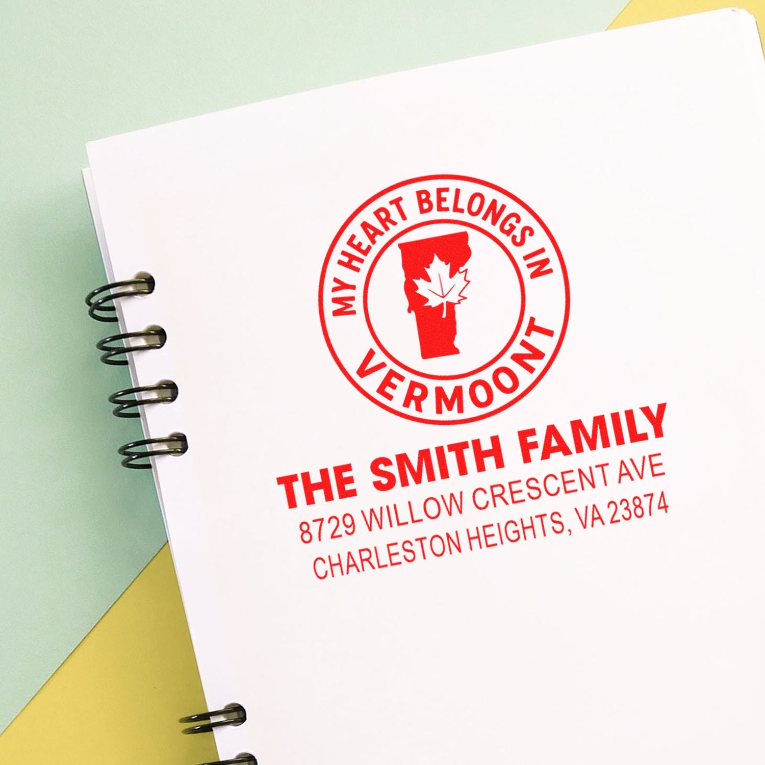 Personalized address rubber stamp for The Smith Family, featuring a Vermont heart design for envelopes and stationery.