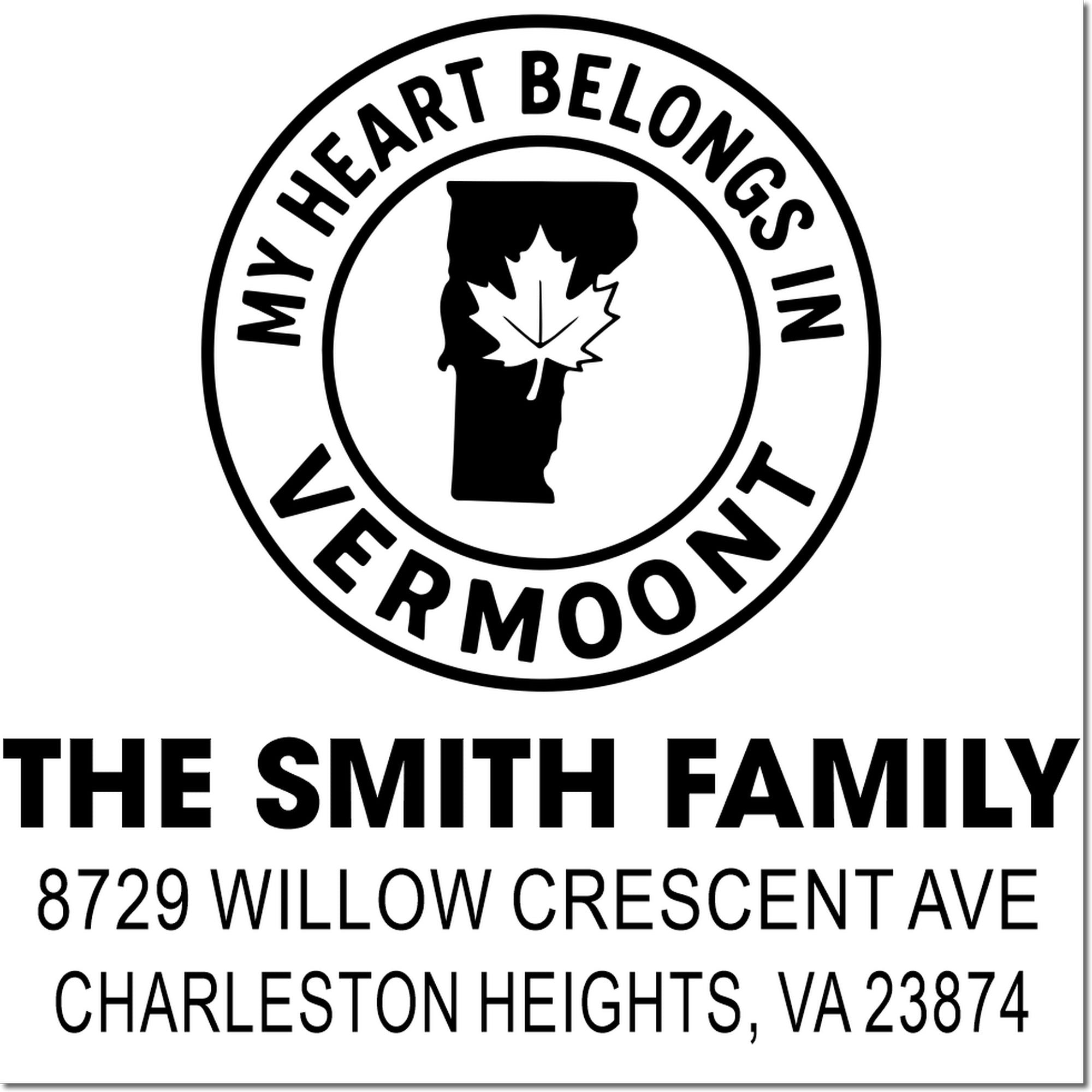 Custom Vermont return address rubber stamp for The Smith Family, with maple leaf design and Charleston Heights, VA address.