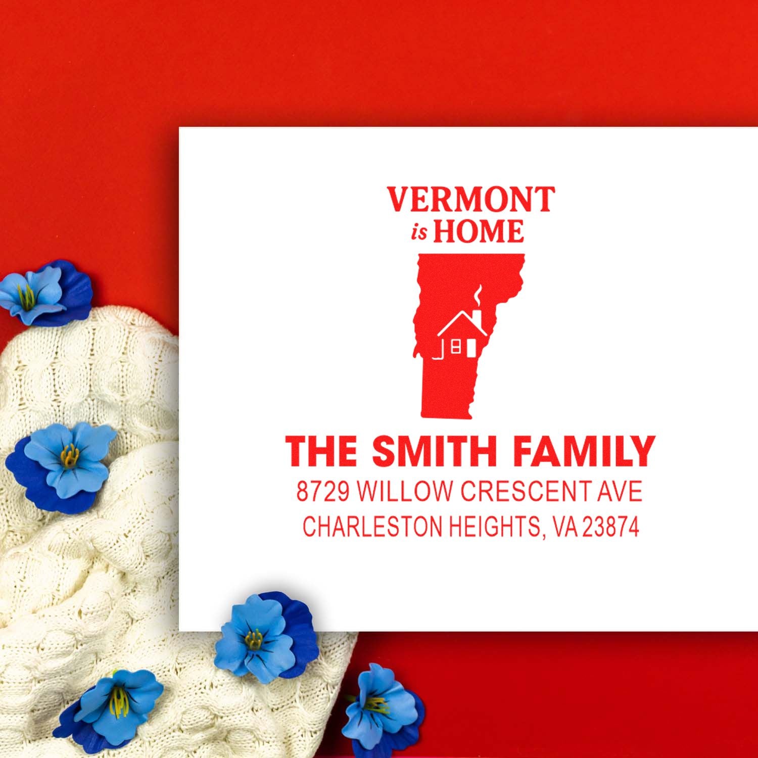 Custom Vermont family return address rubber stamp with house icon for The Smith Family, 8729 Willow Crescent Ave, Charleston Heights, VA.