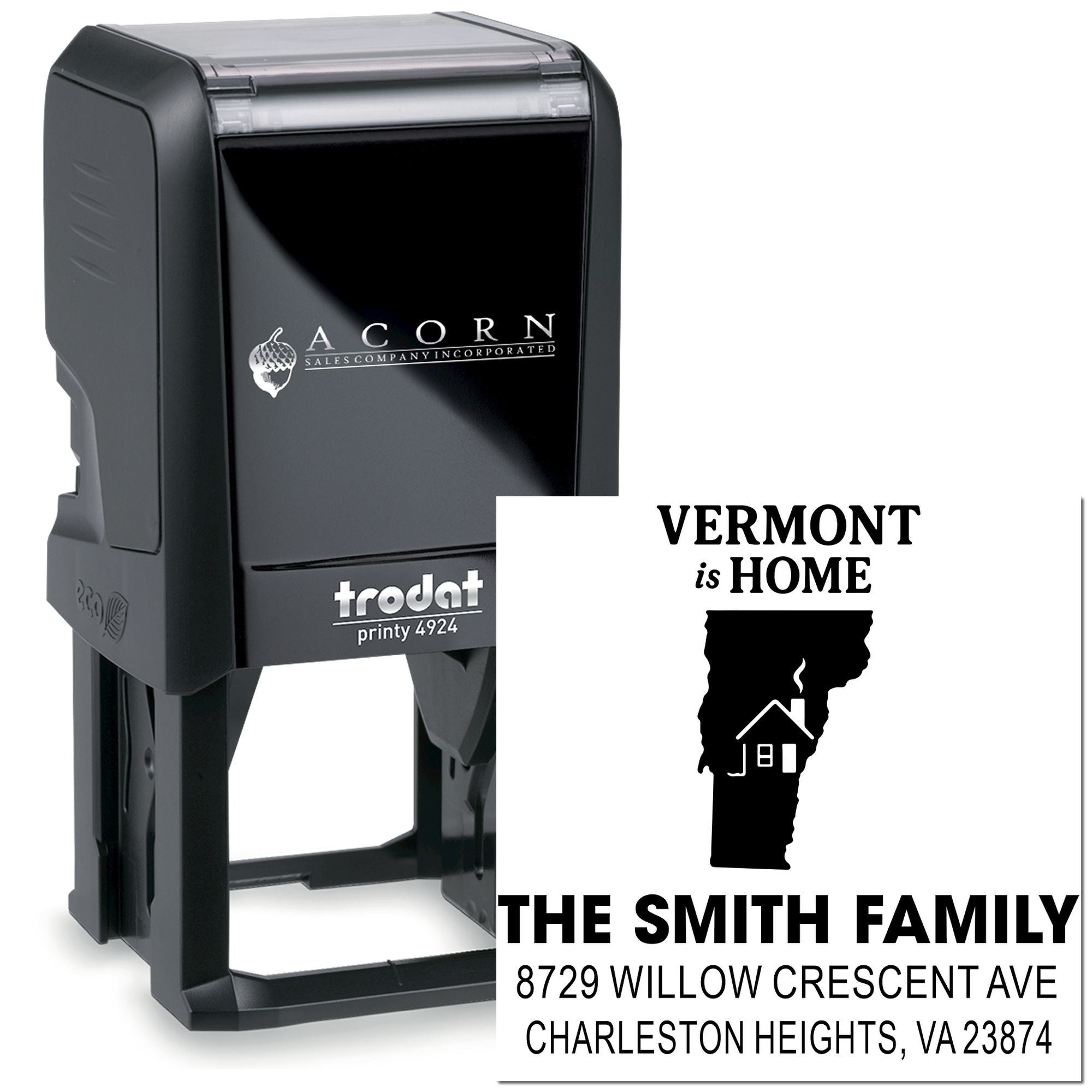 Trodat Printy 4924 self-inking rubber stamp with custom Vermont is Home family address design for mailing and return addresses.