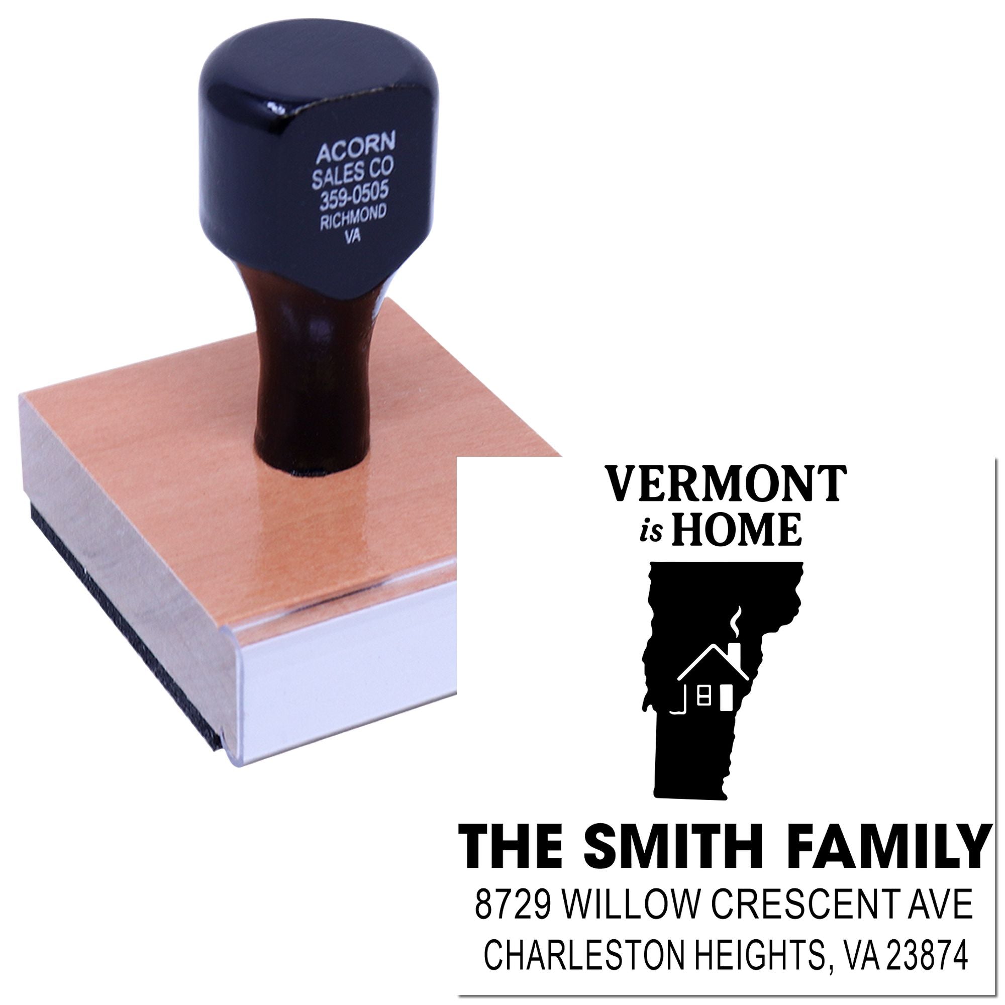 Custom self-inking rubber address stamp with Vermont is Home design and The Smith Family return address imprint.