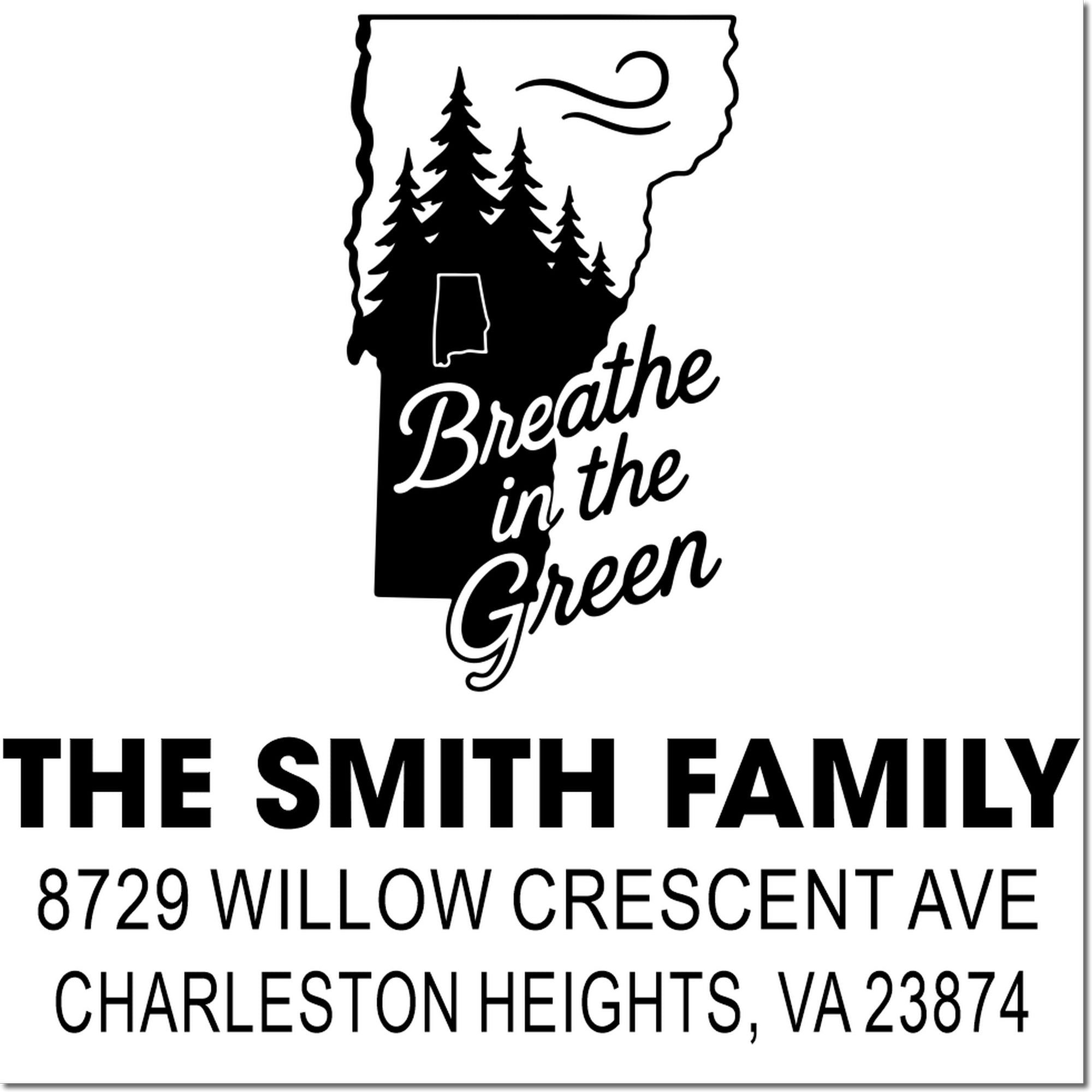 Personalized address rubber stamp with West Virginia outline, forest graphic, and Smith family Charleston Heights, VA address.